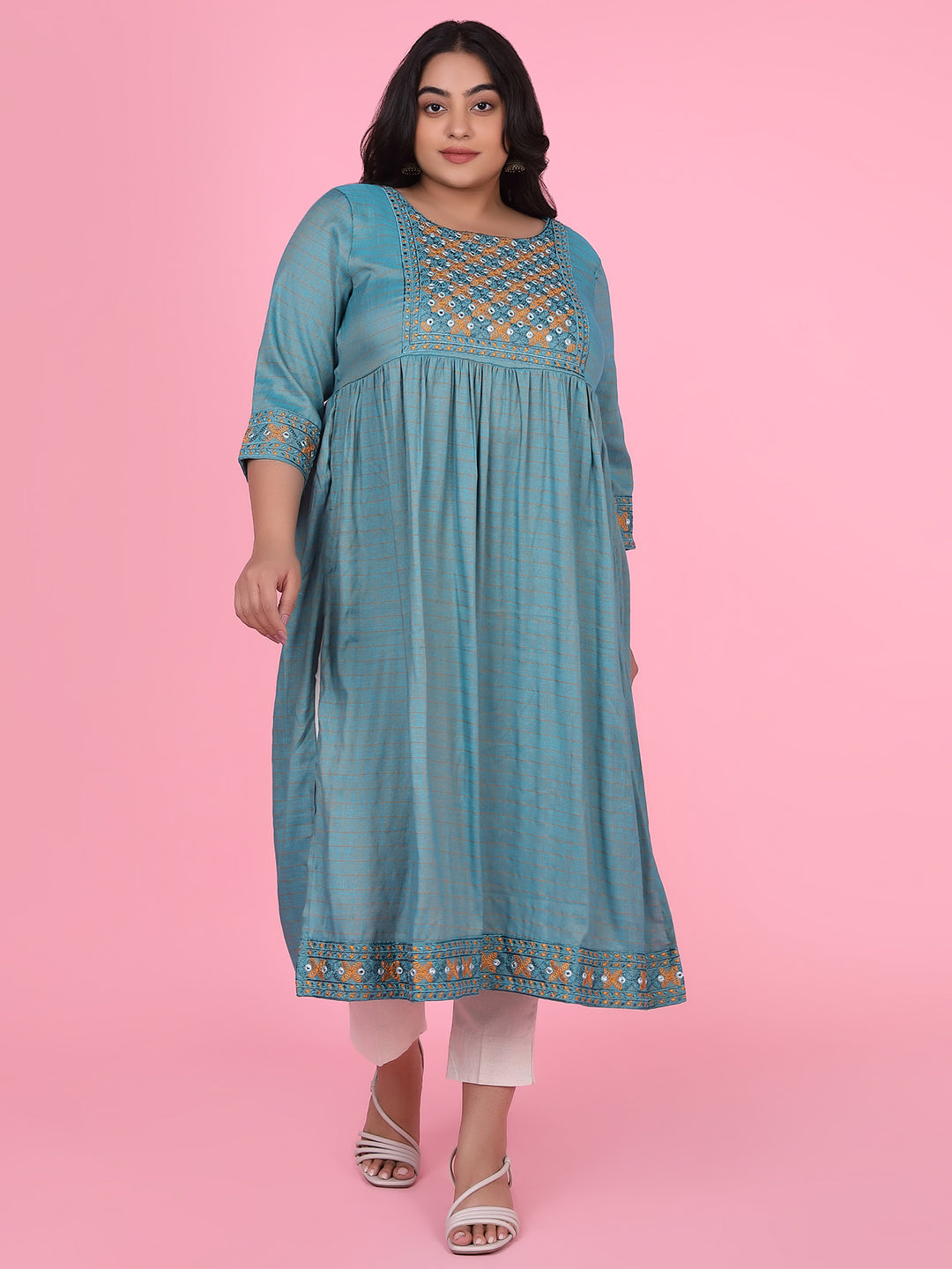 Women Teal Woven Design A Line Kurta