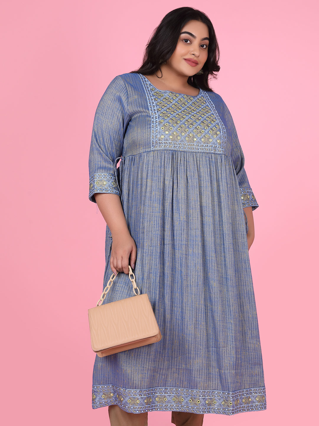 Women Blue Woven Design A Line Kurta