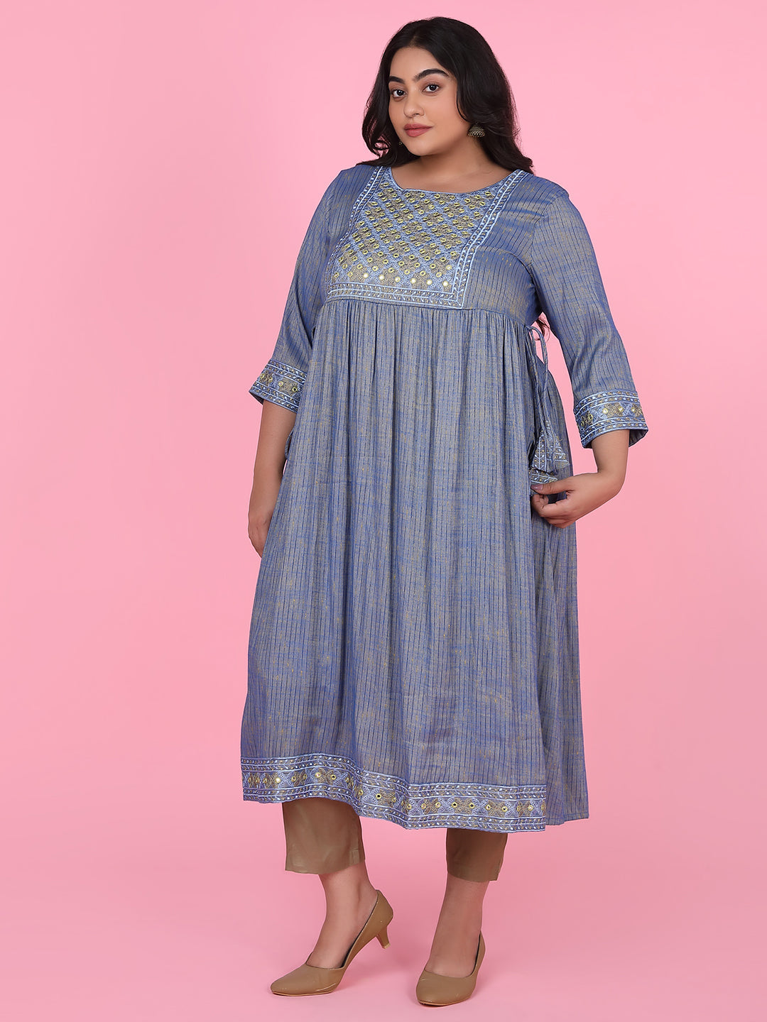 Women Blue Woven Design A Line Kurta