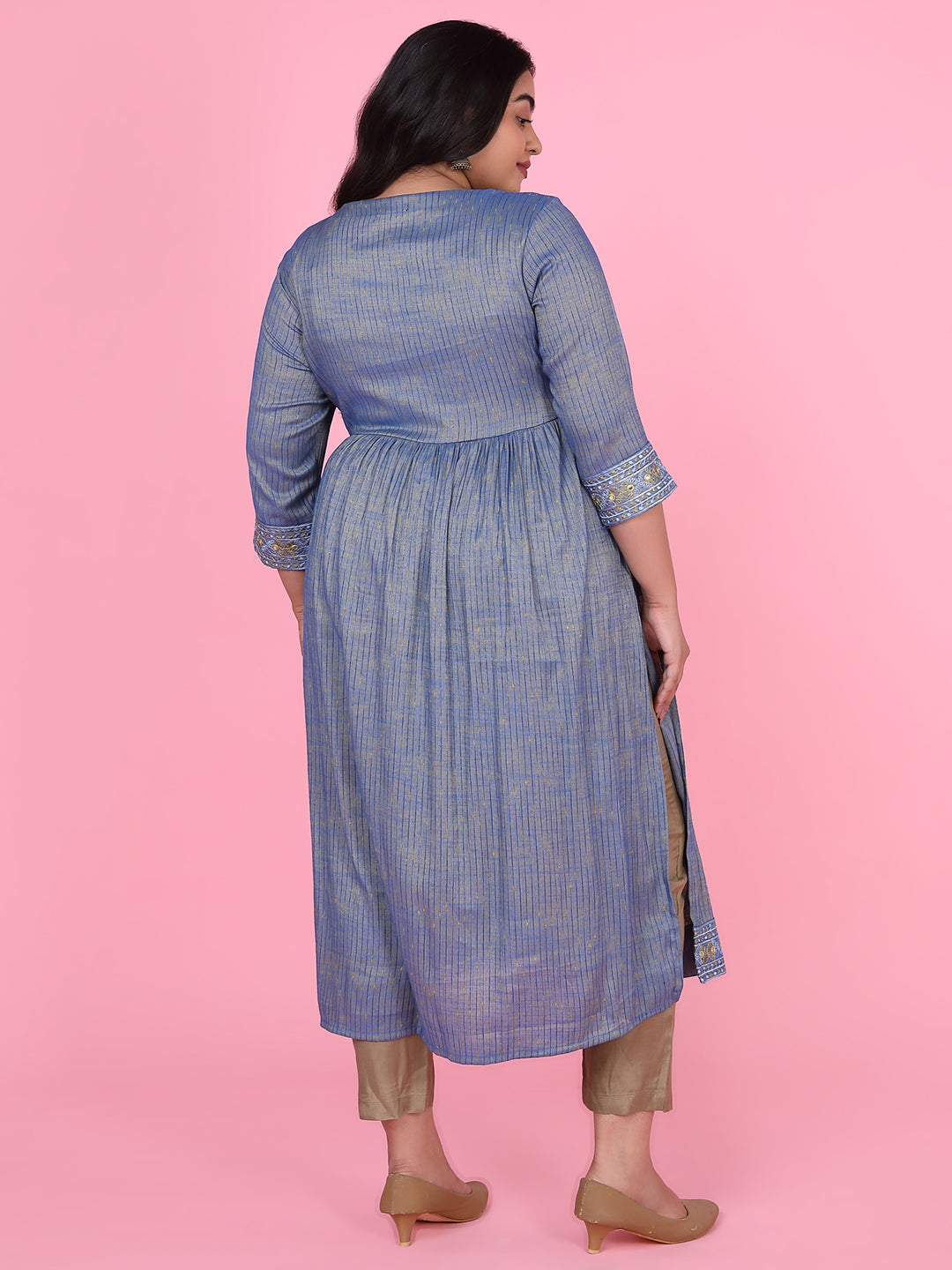 Women Blue Woven Design A Line Kurta