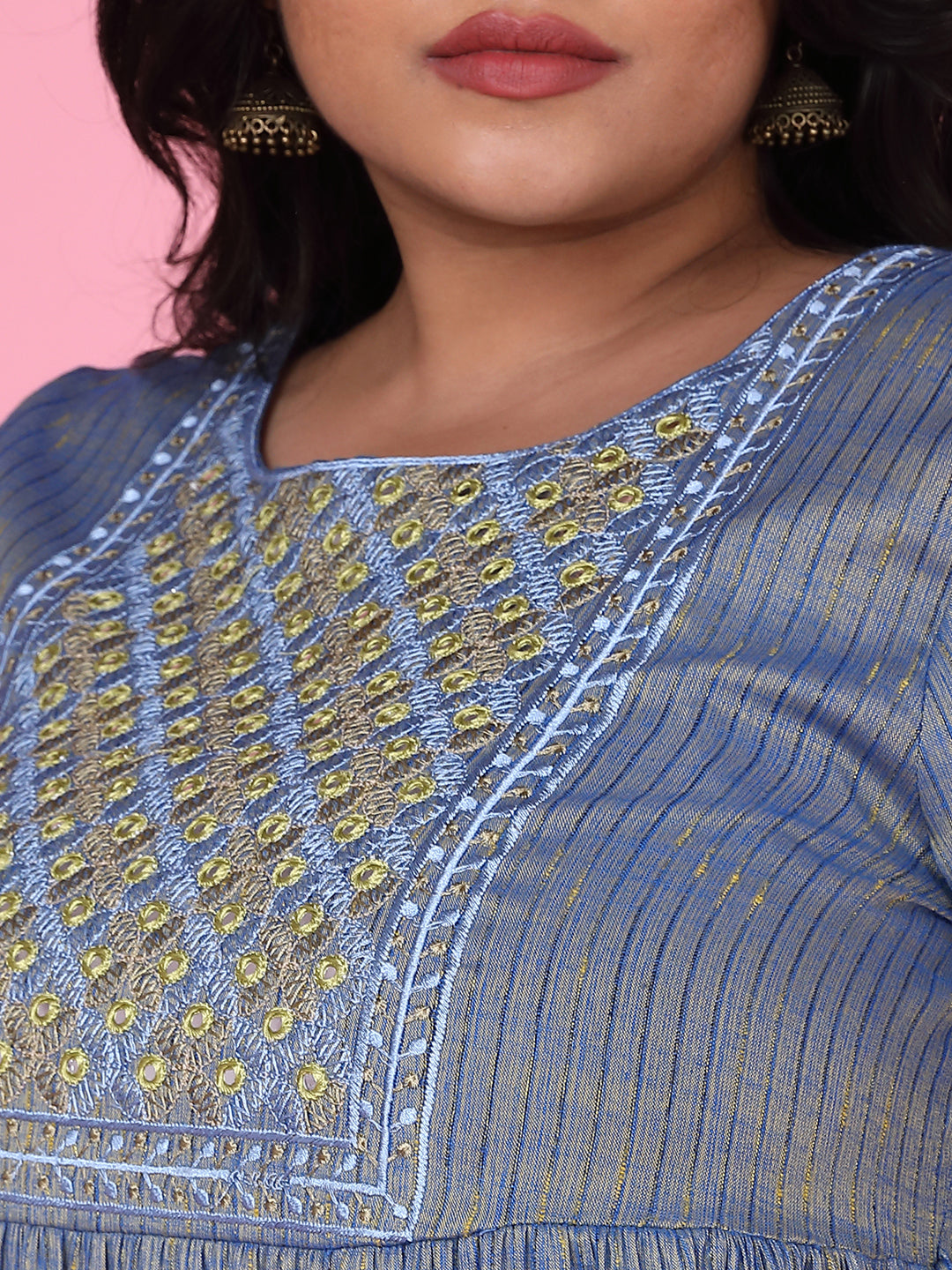 Women Blue Woven Design A Line Kurta