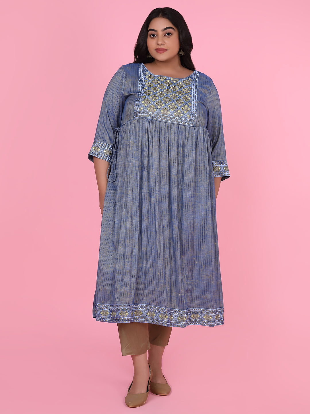 Women Blue Woven Design A Line Kurta