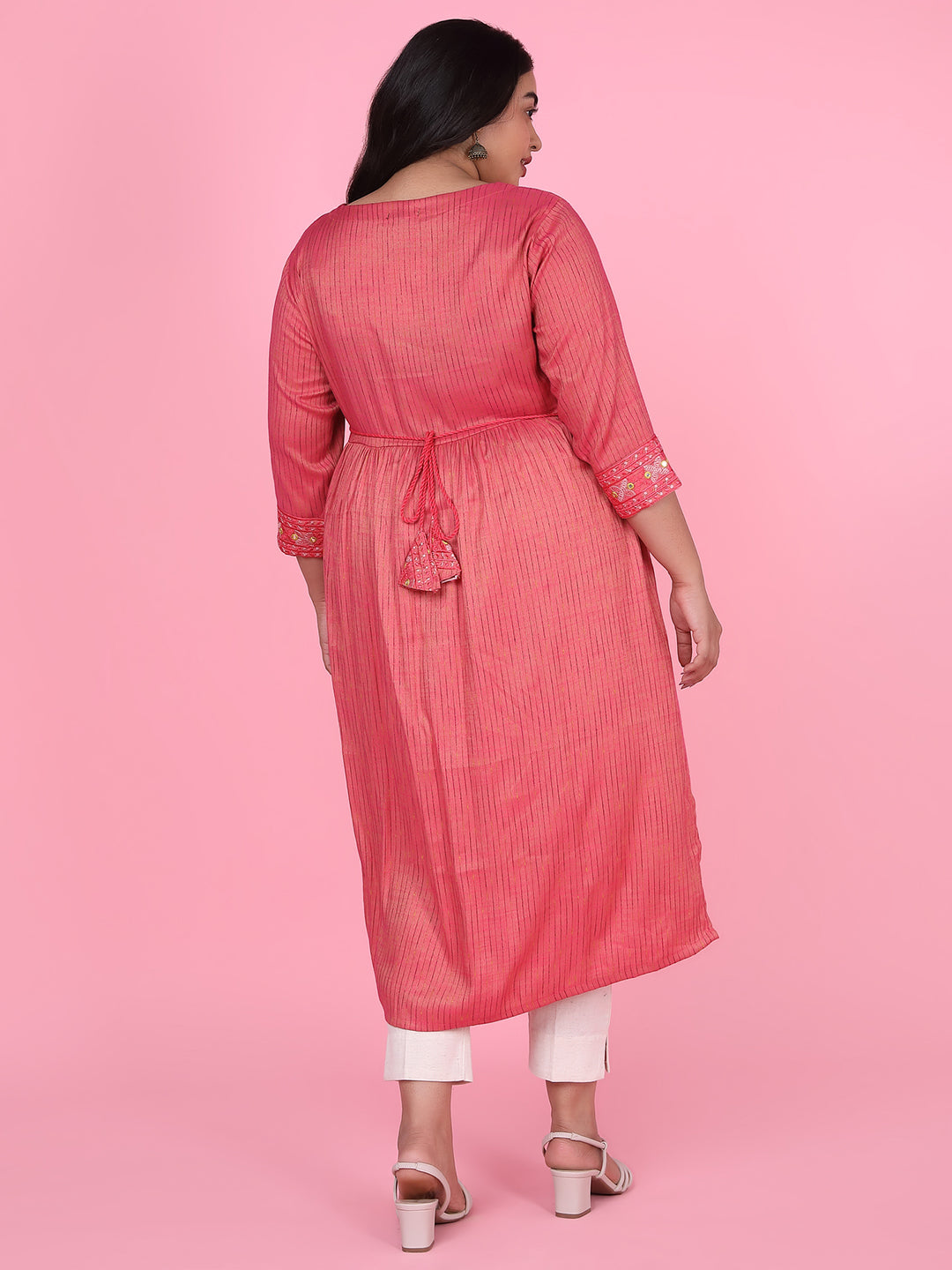 Women Pink Woven Design A Line Kurta