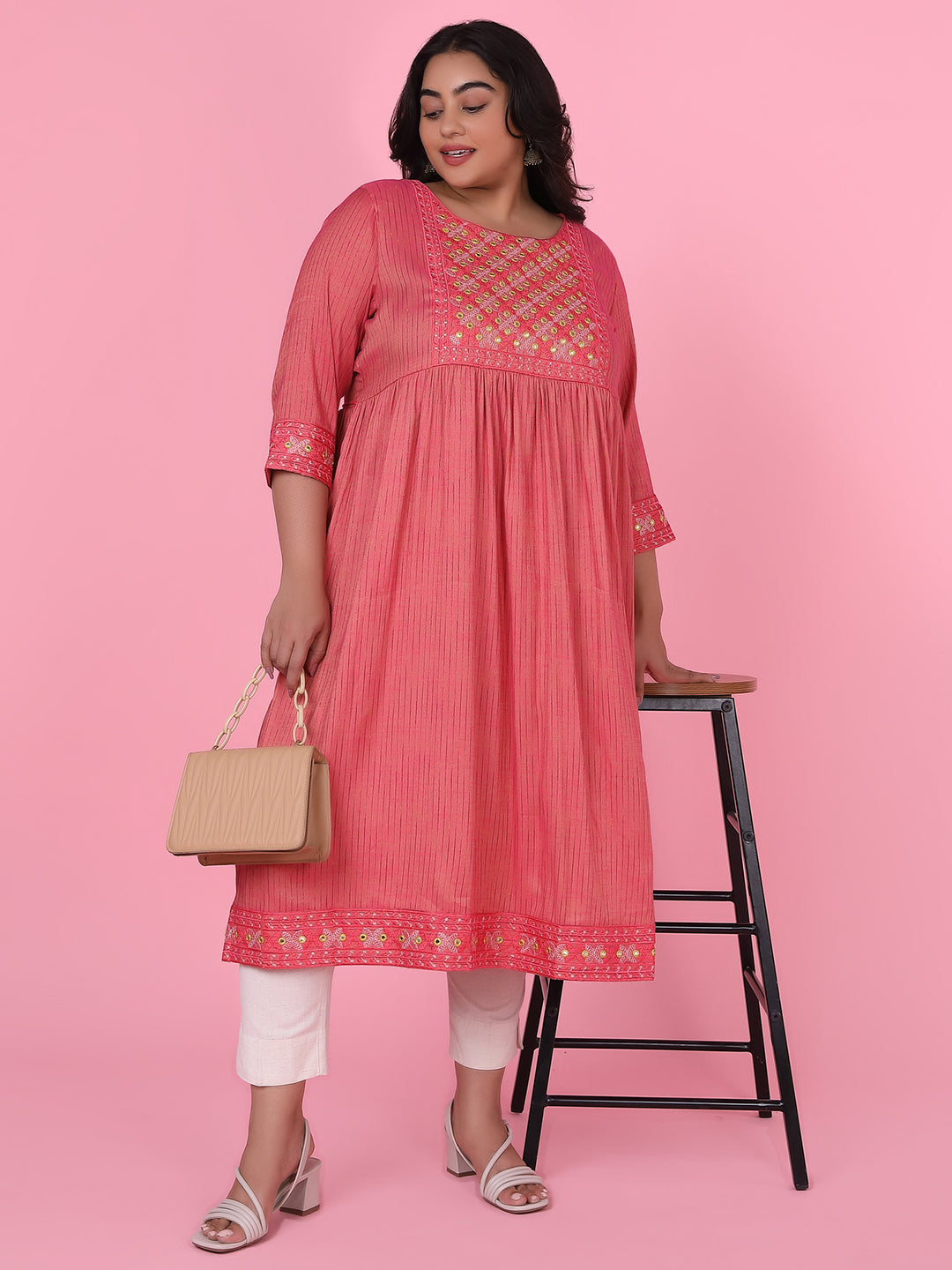 Women Pink Woven Design A Line Kurta