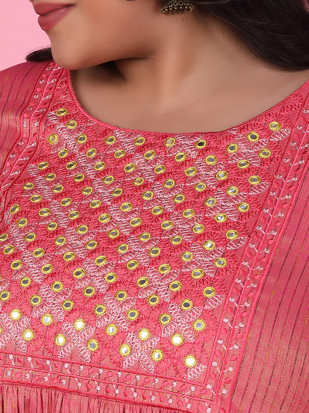 Women Pink Woven Design A Line Kurta