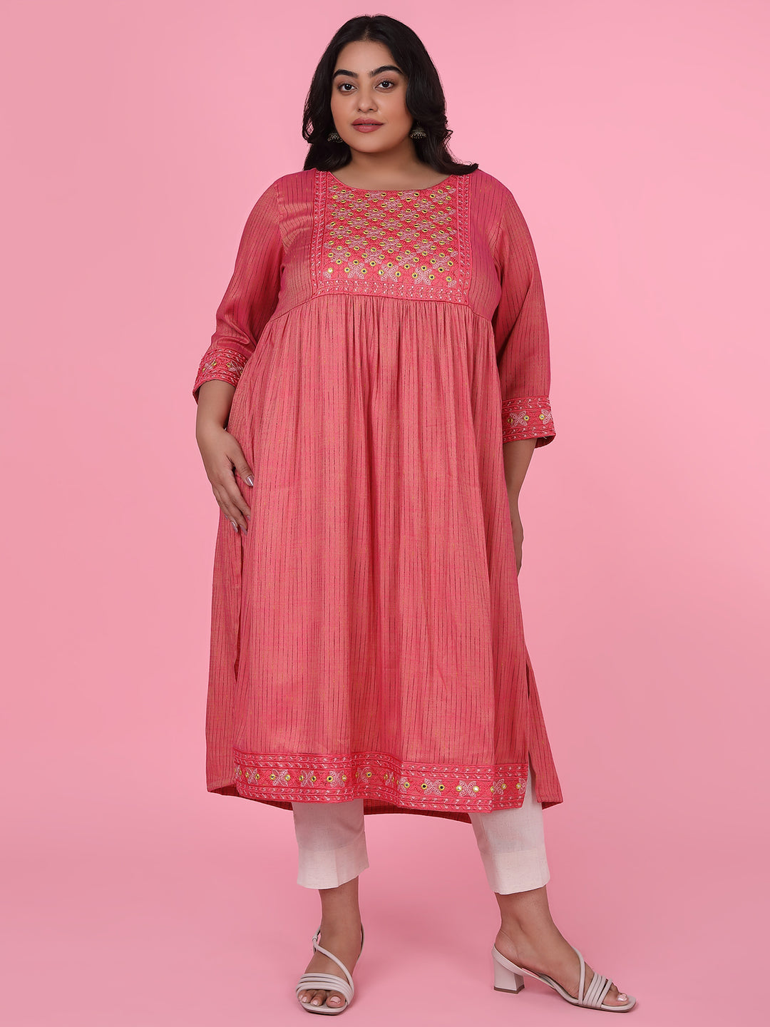 Women Pink Woven Design A Line Kurta