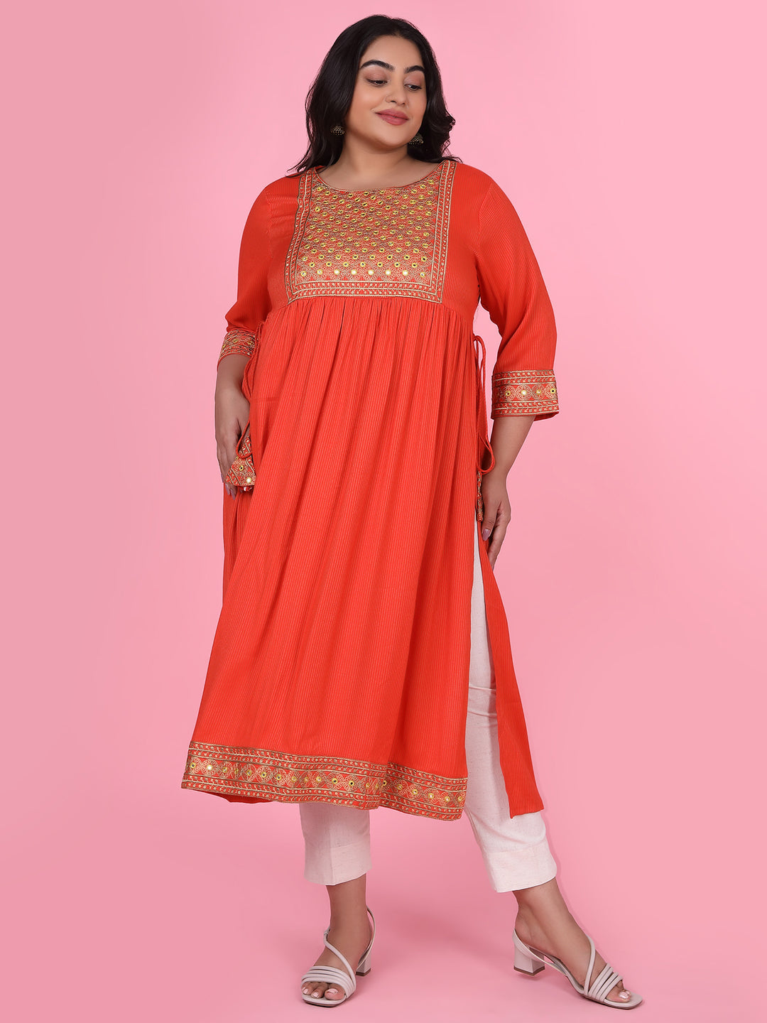 Women Orange Woven Design A Line Kurta