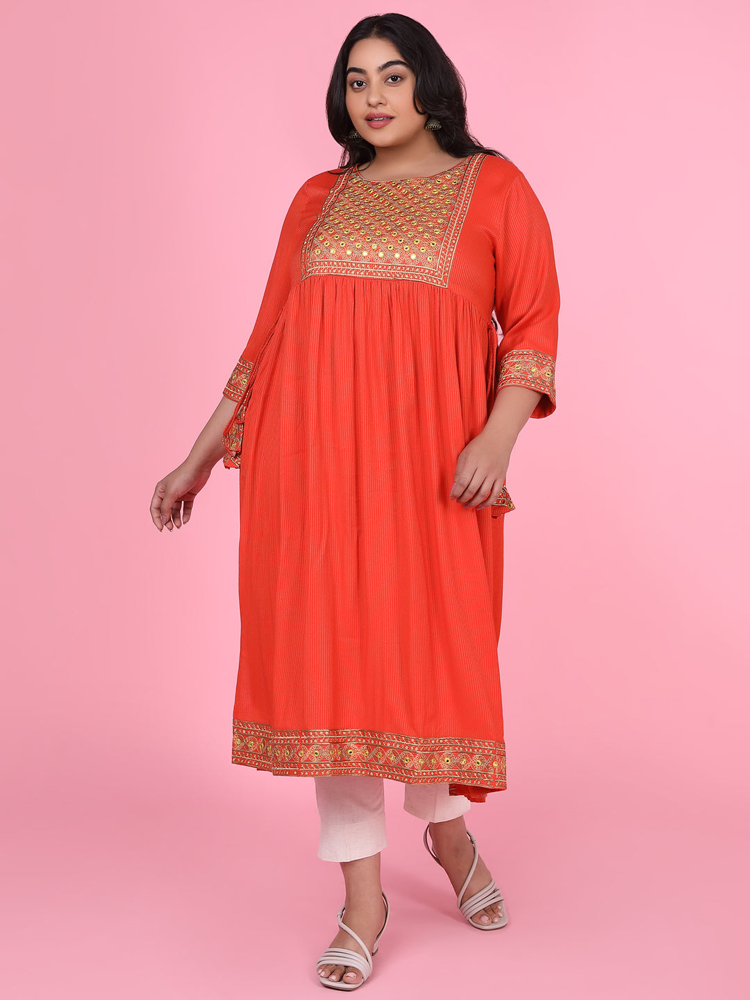 Women Orange Woven Design A Line Kurta