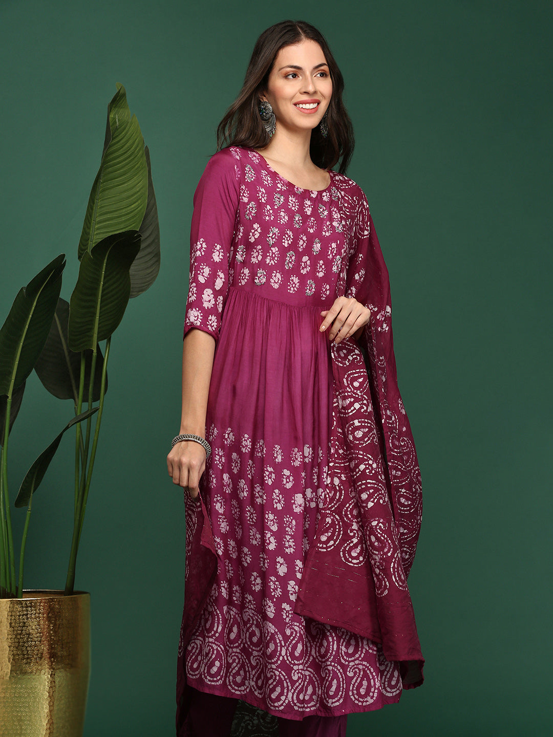 Women Bandhani Maroon A-Line Kurta Set with Dupatta