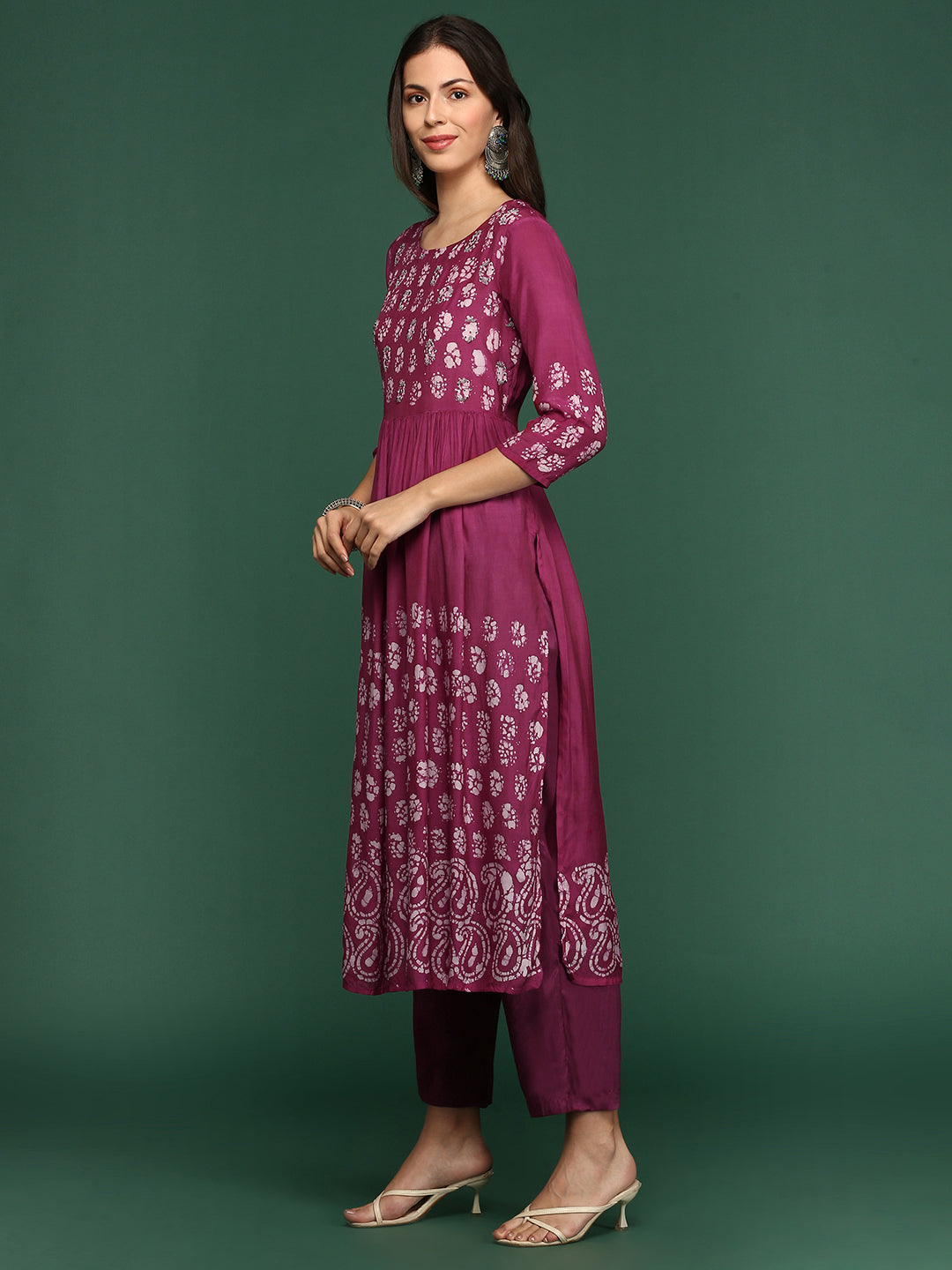 Women Bandhani Maroon A-Line Kurta Set with Dupatta