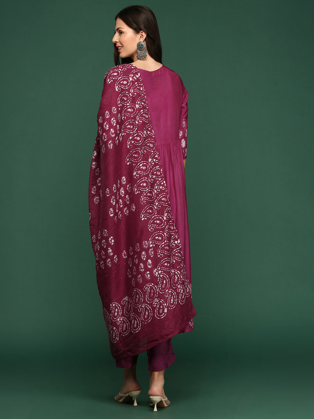 Women Bandhani Maroon A-Line Kurta Set with Dupatta