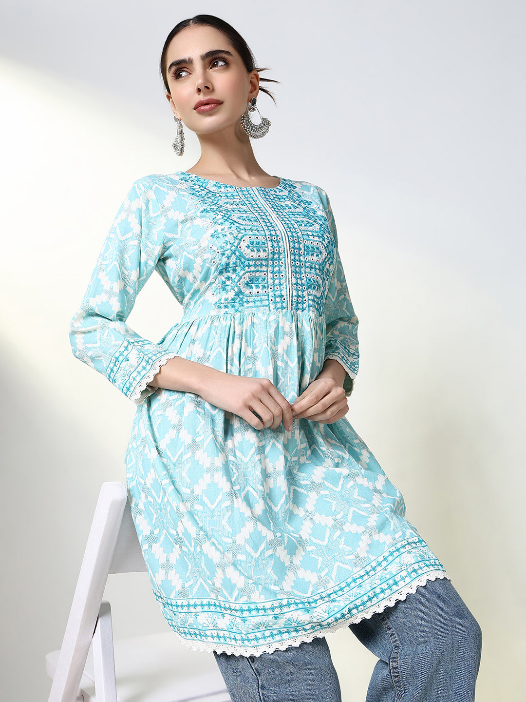 Women Blue Ethnic Motifs A Line Kurti