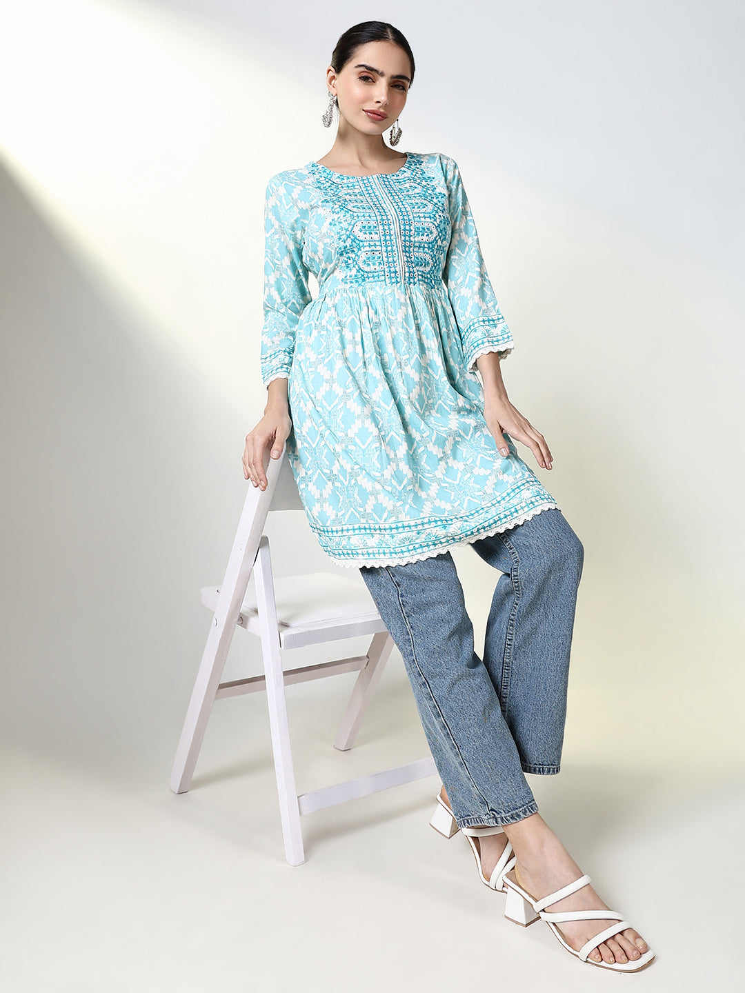 Women Blue Ethnic Motifs A Line Kurti