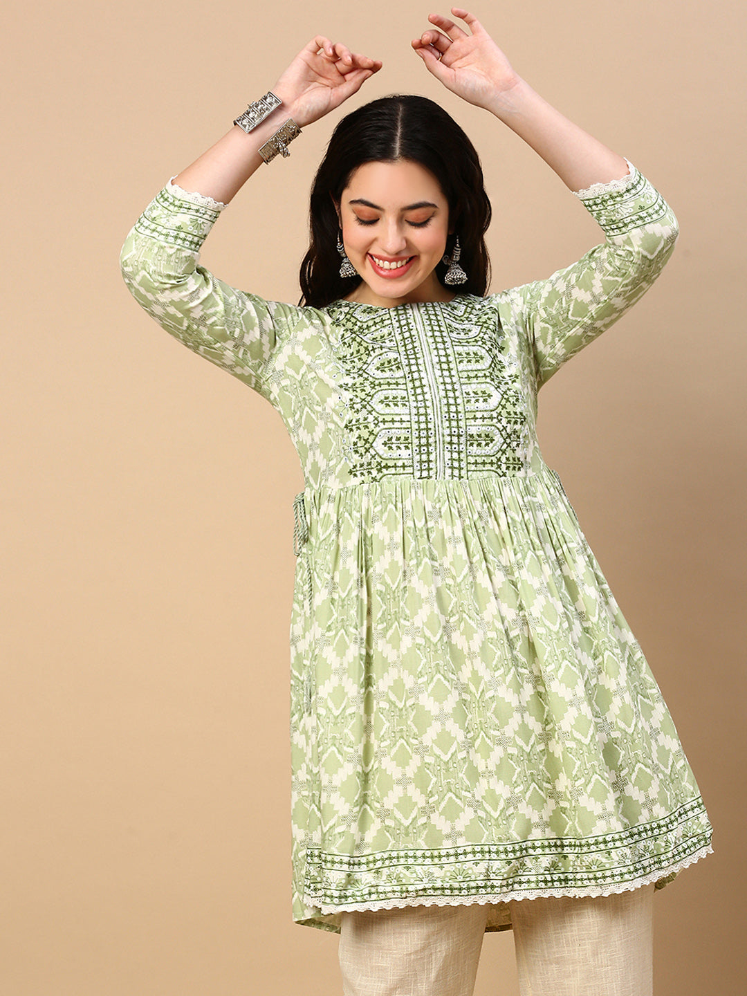 Women Graphic Green A Line Kurti