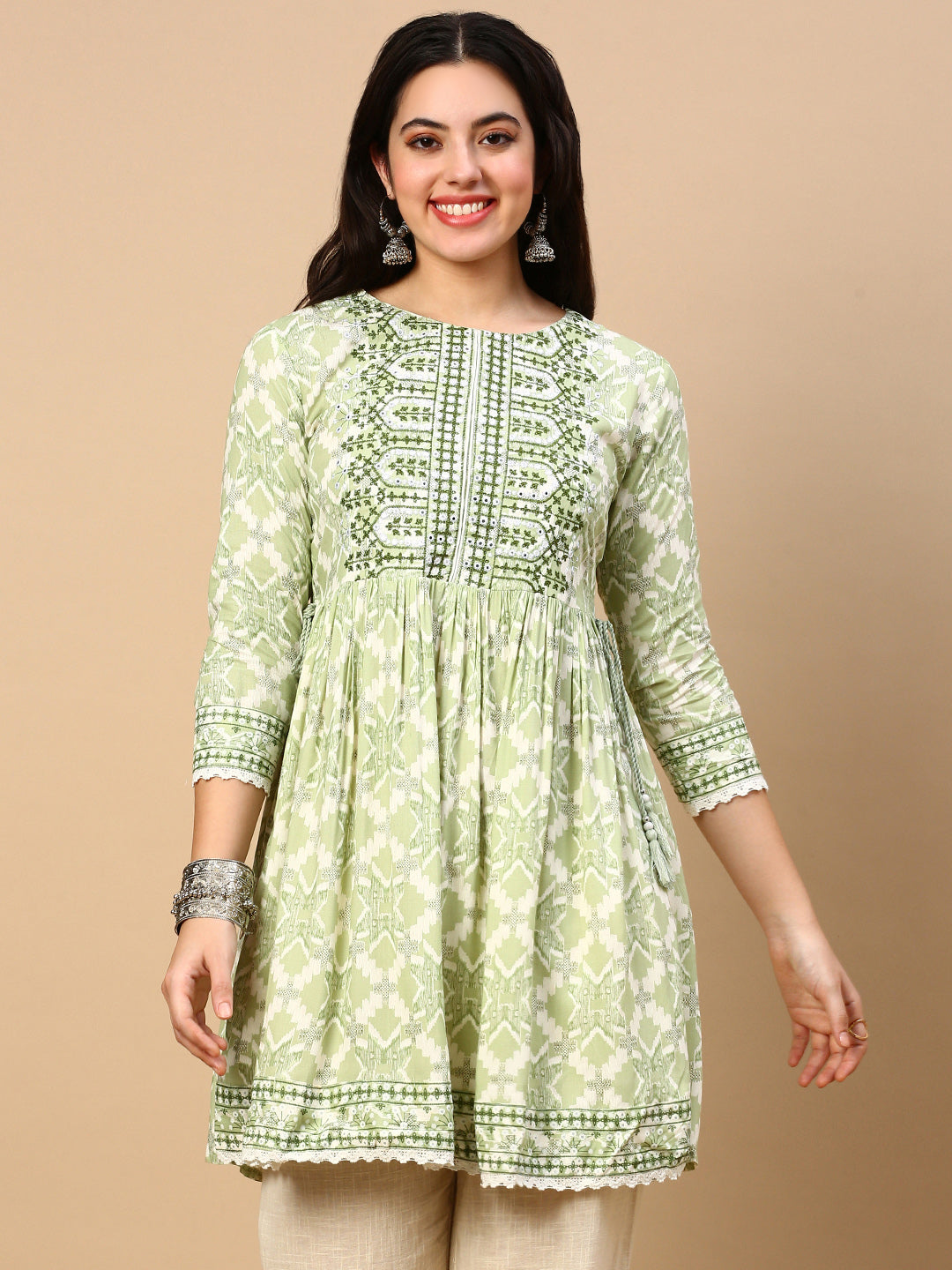 Women Graphic Green A Line Kurti