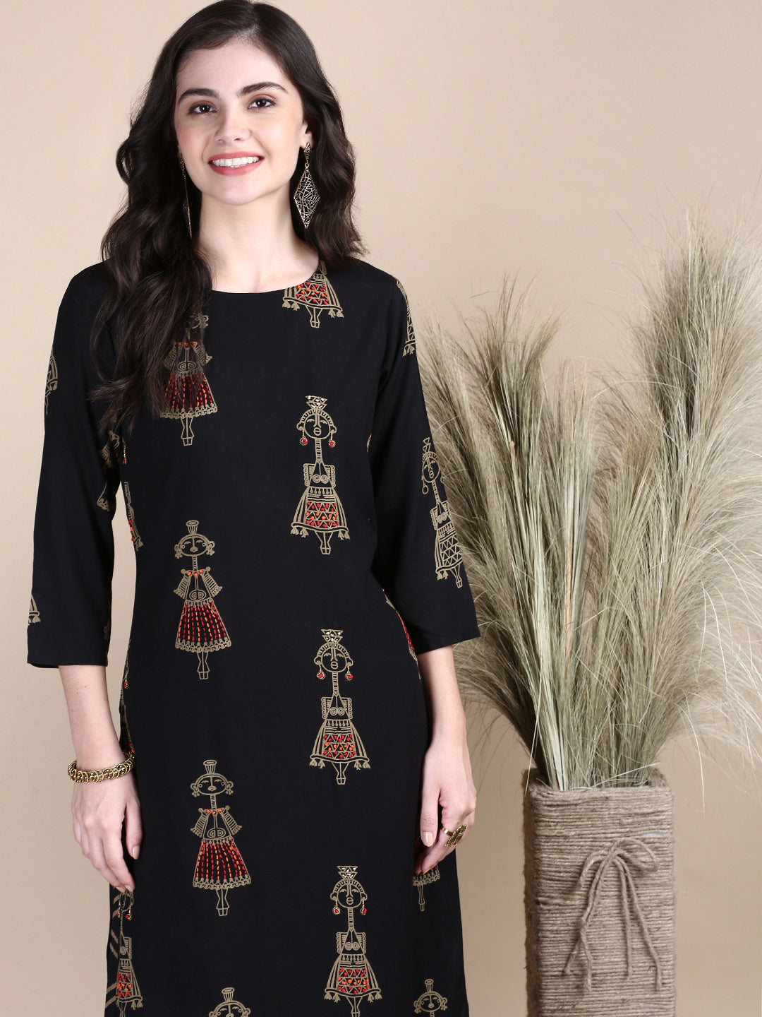 Women Tribal Black Straight Kurta Set