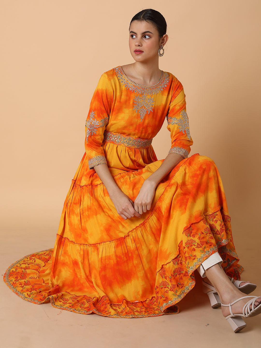 Women Solid Orange Anarkali Kurta with Belt