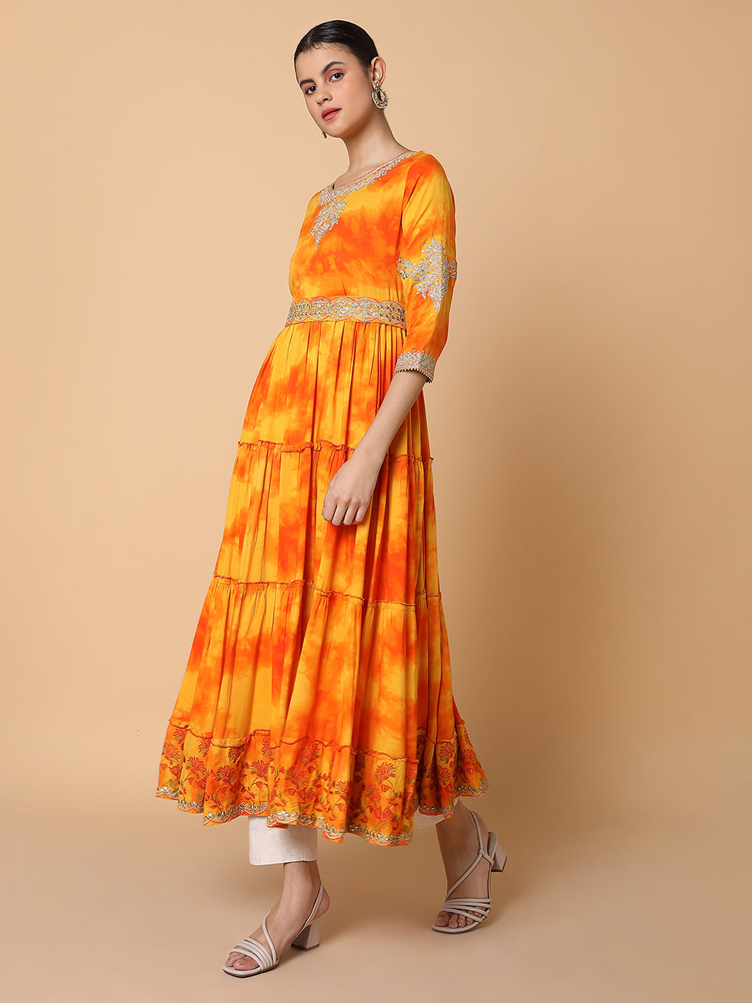 Women Solid Orange Anarkali Kurta with Belt