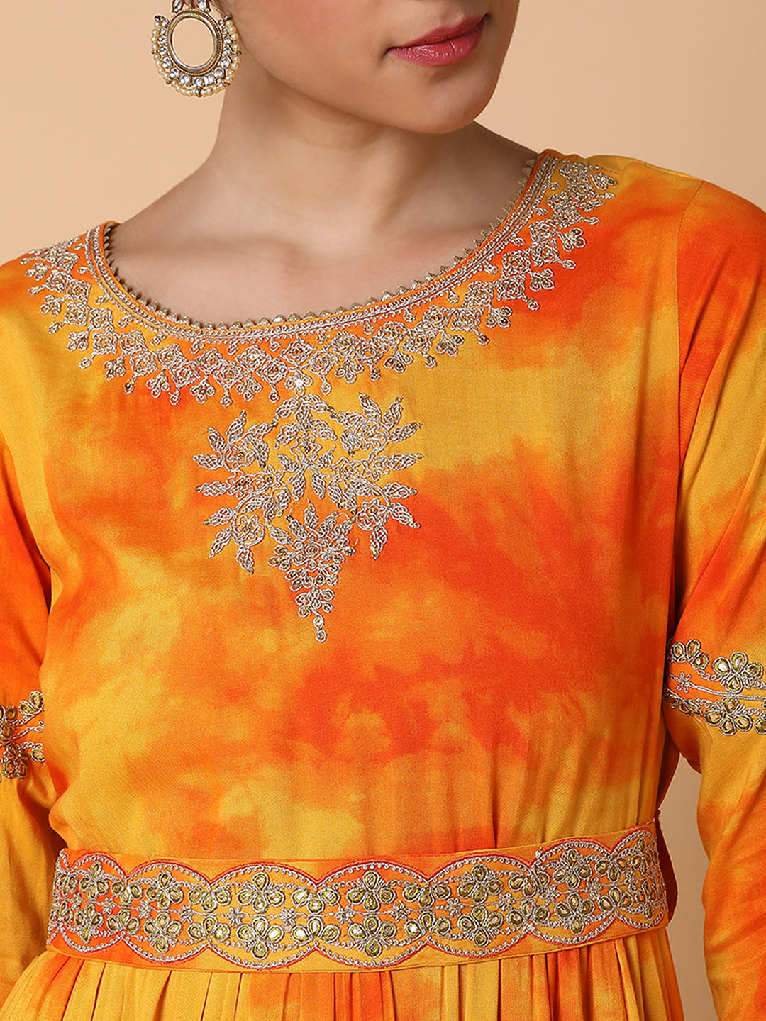 Women Solid Orange Anarkali Kurta with Belt