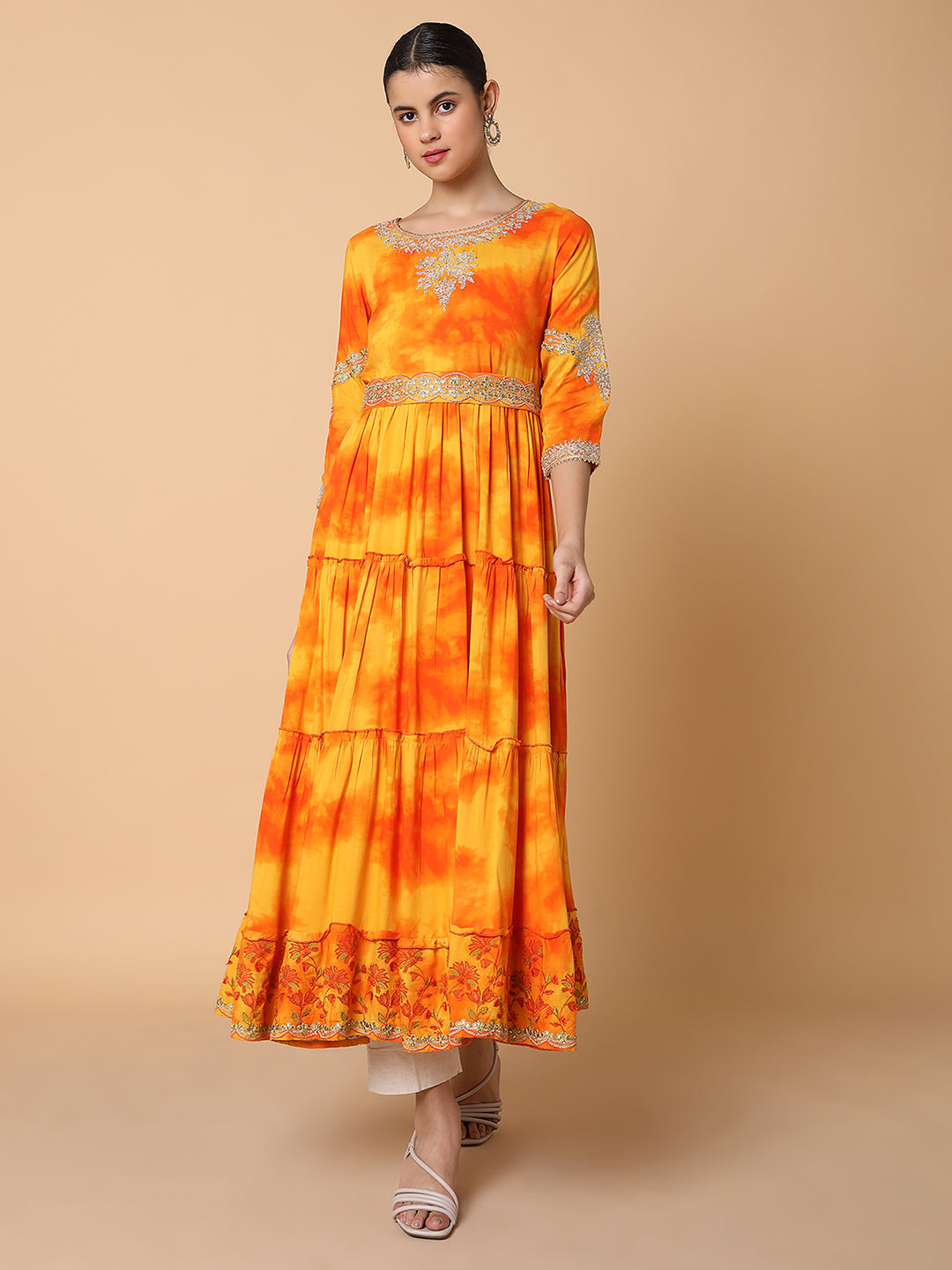 Women Solid Orange Anarkali Kurta with Belt