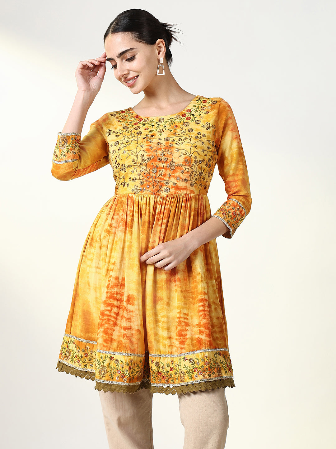 Women's Mustard Tie Dye Anarkali Kurti