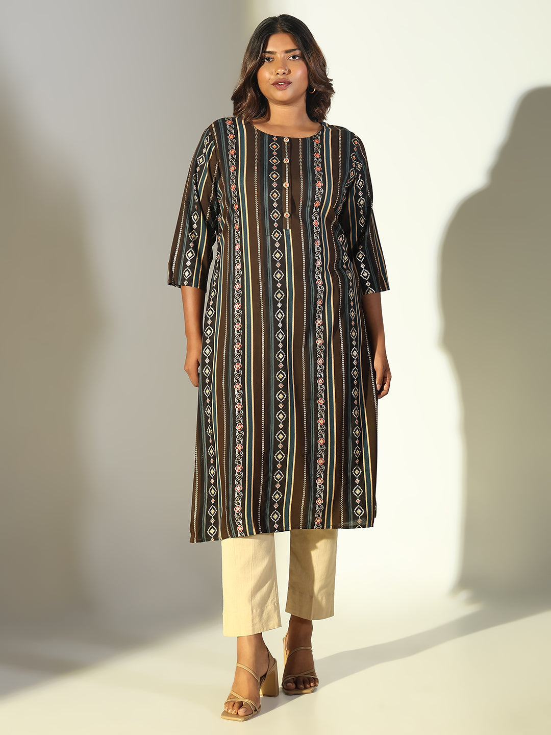 Women Brown Graphic Straight Kurta