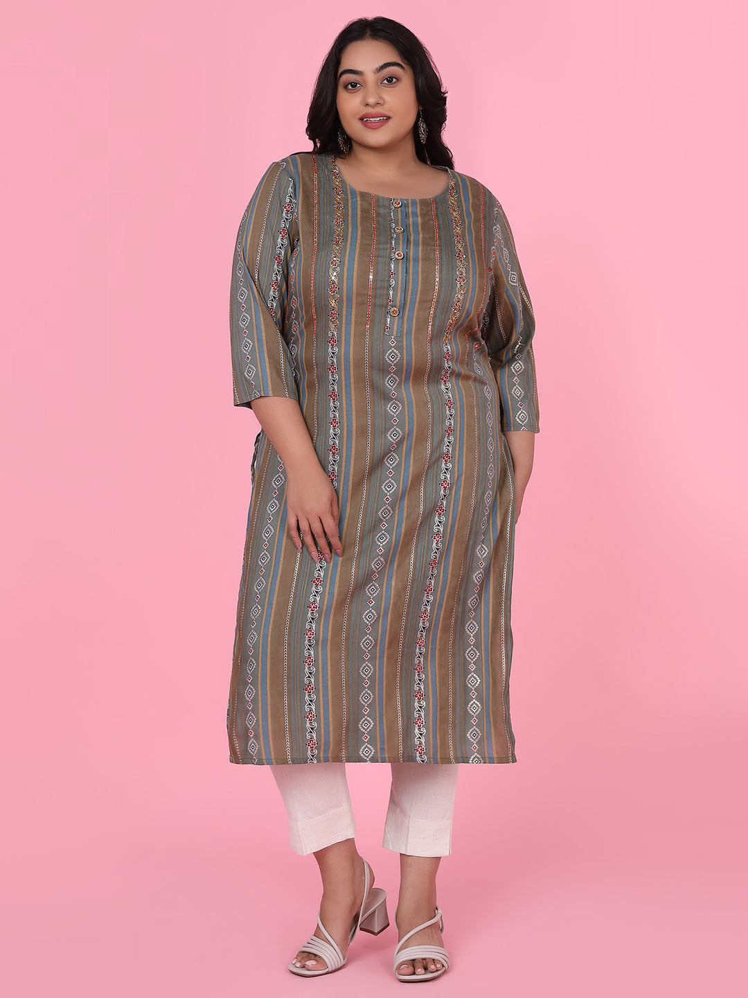 Women Olive Floral Straight Kurta