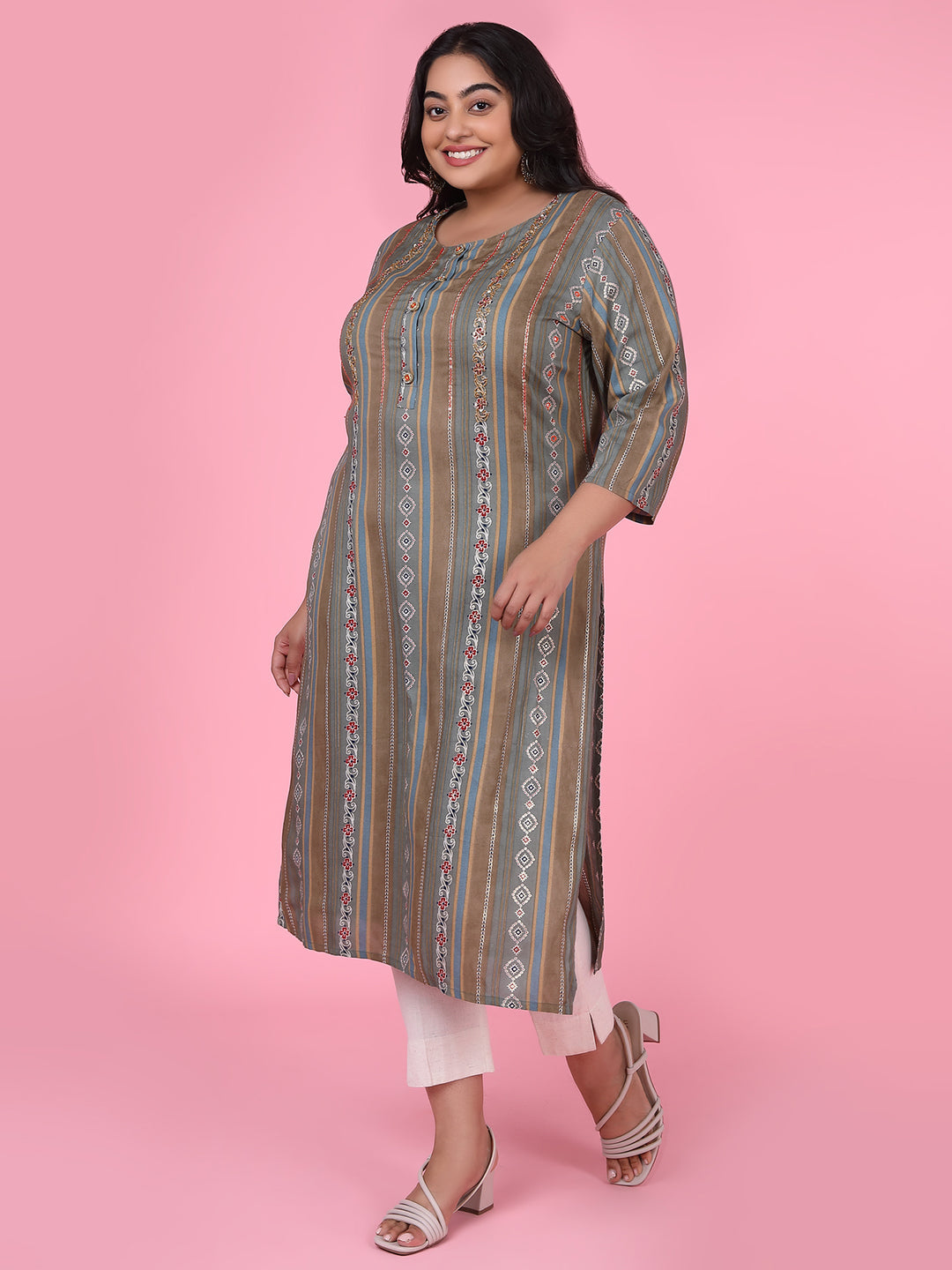 Women Olive Floral Straight Kurta