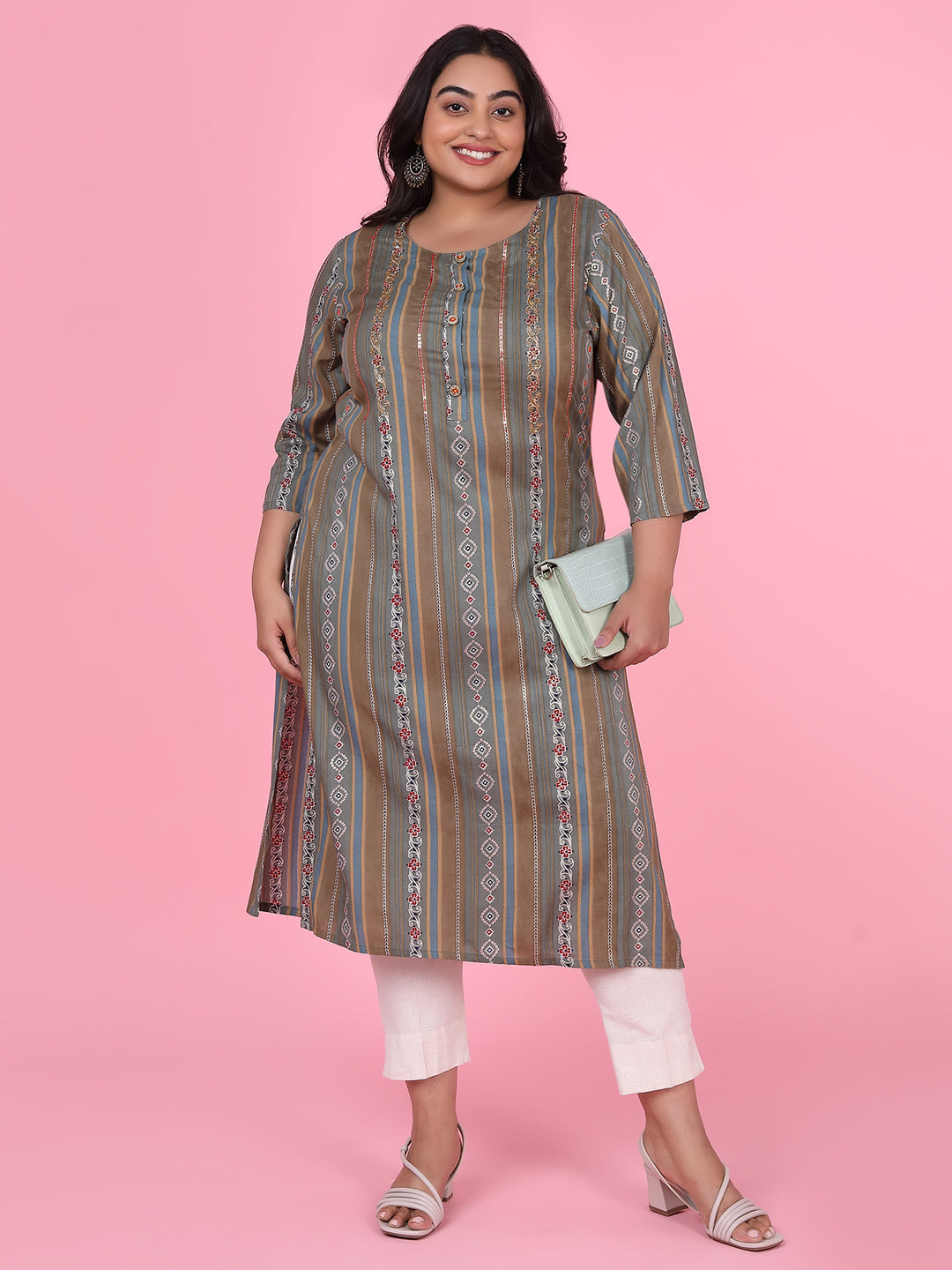 Women Olive Floral Straight Kurta