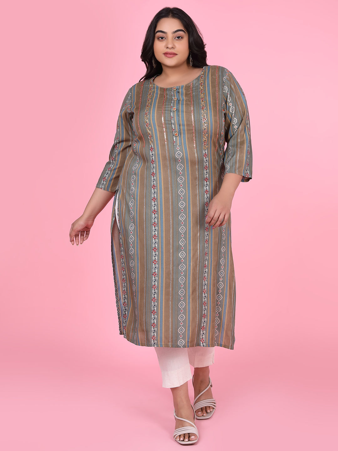 Women Olive Floral Straight Kurta