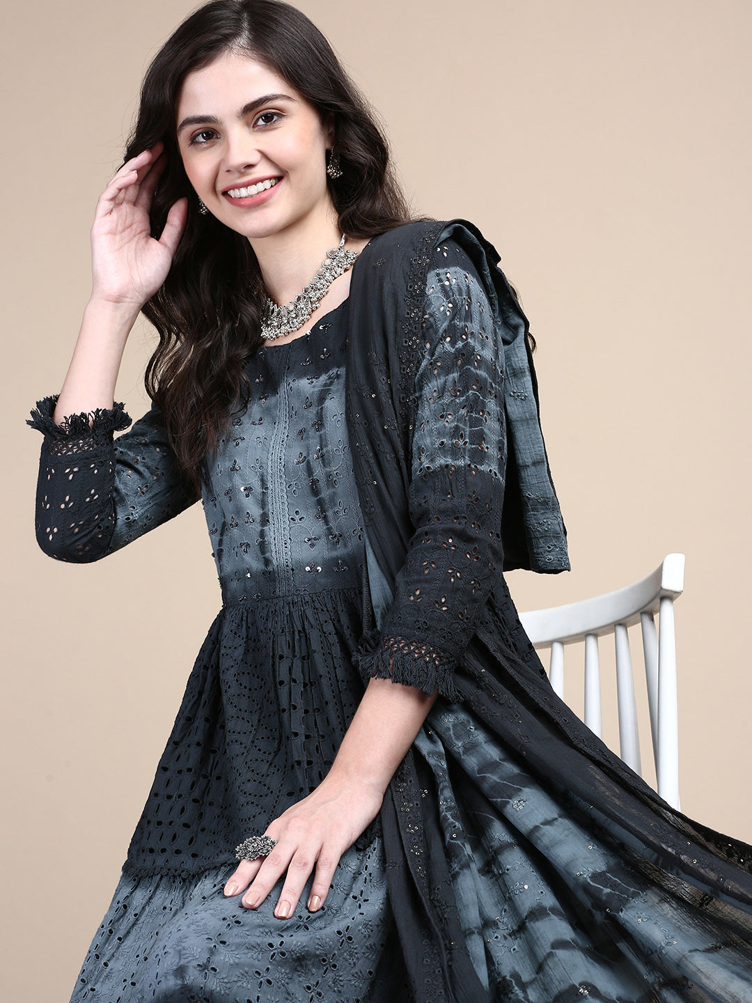 Women Floral Charcoal Anarkali Kurta Set with Dupatta and Potli Bag