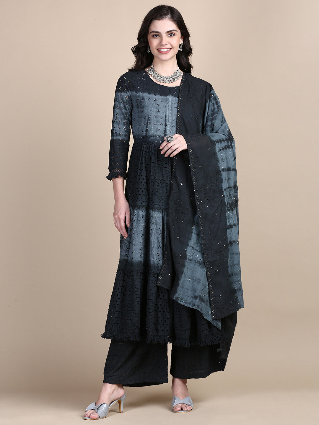 Women Floral Charcoal Anarkali Kurta Set with Dupatta and Potli Bag