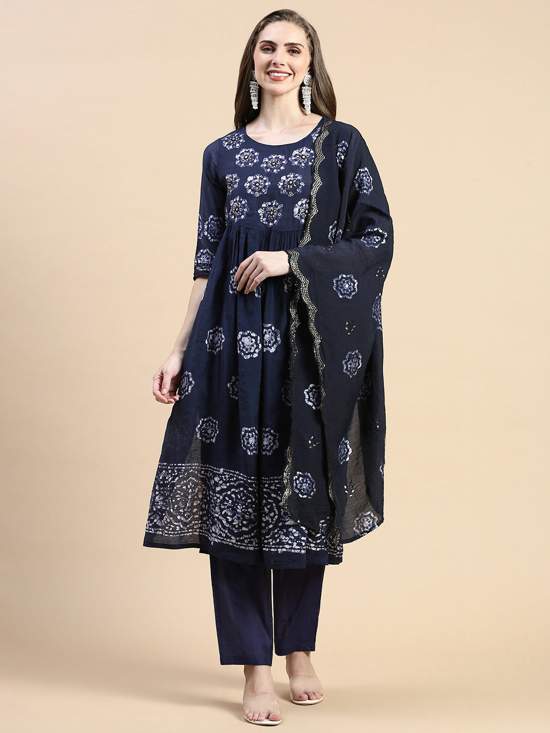 Women Floral Navy Blue A-Line Kurta Set