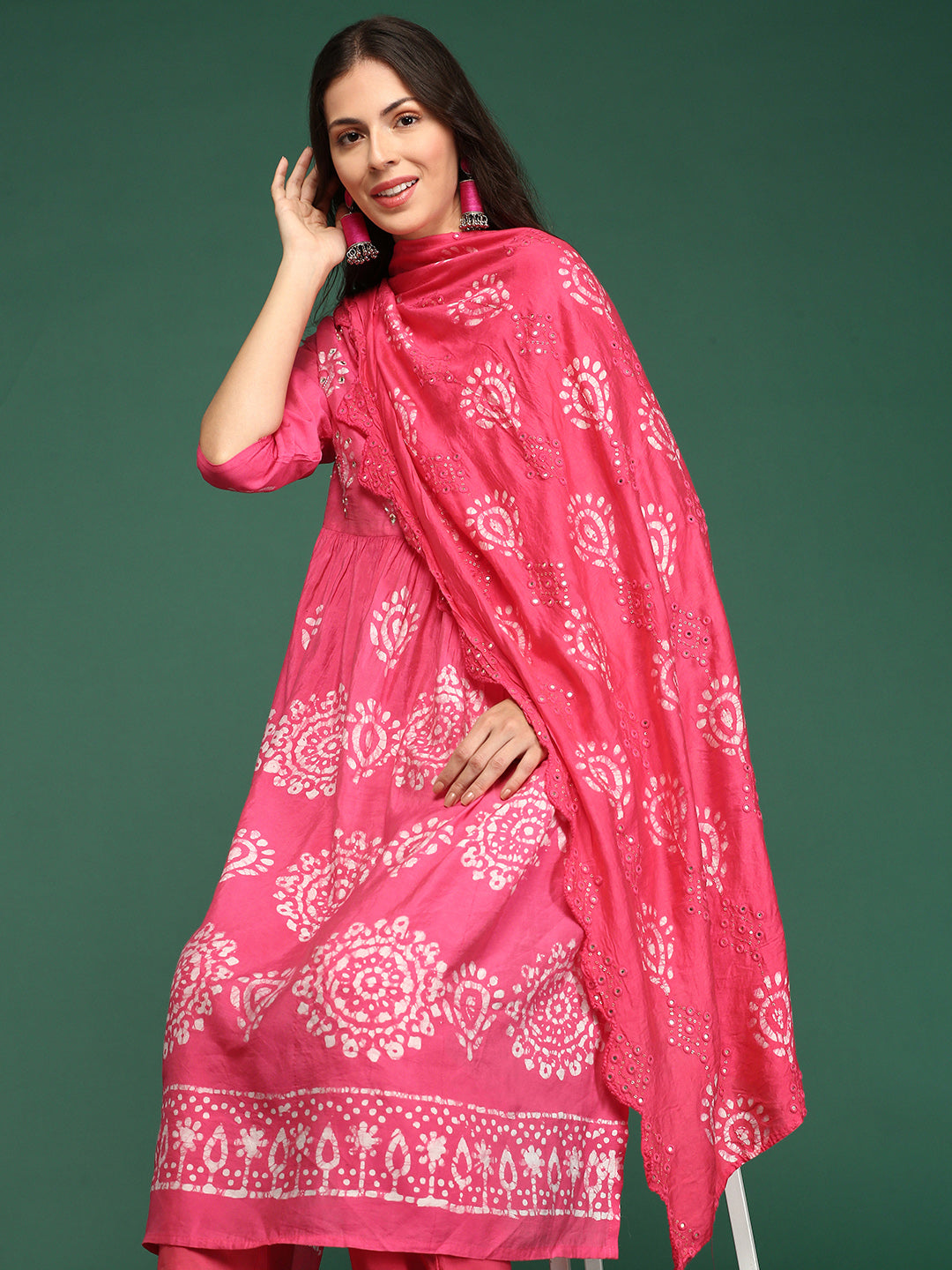 Women Graphic Pink A-Line Kurta Set with Dupatta