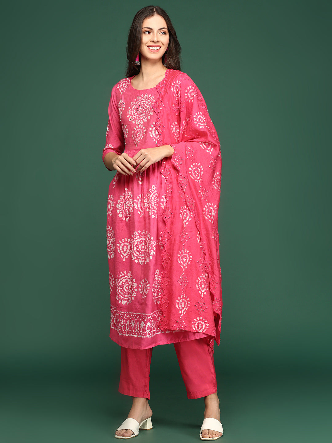 Women Graphic Pink A-Line Kurta Set with Dupatta