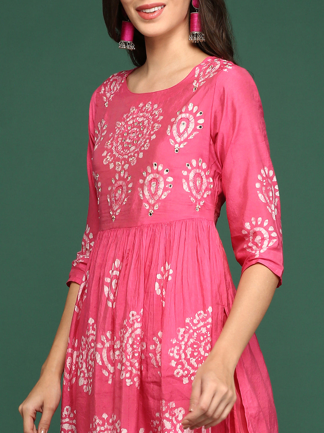 Women Graphic Pink A-Line Kurta Set with Dupatta