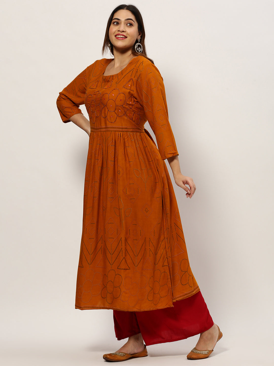 Women Straight Mustard Bandhani Kurta