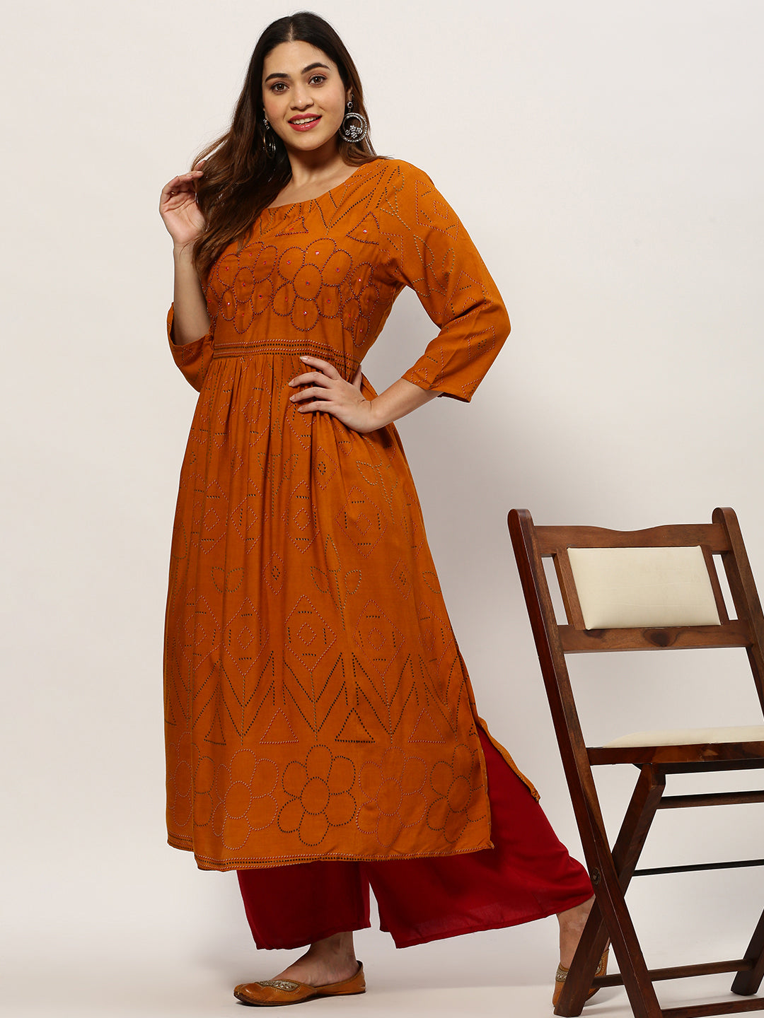 Women Straight Mustard Bandhani Kurta