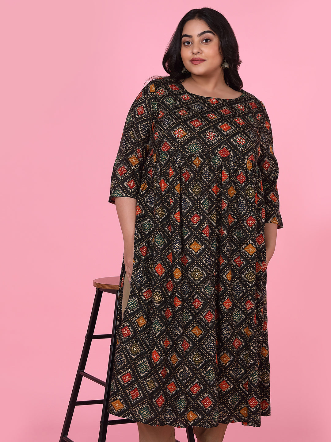 Women Black Checked A Line Kurta