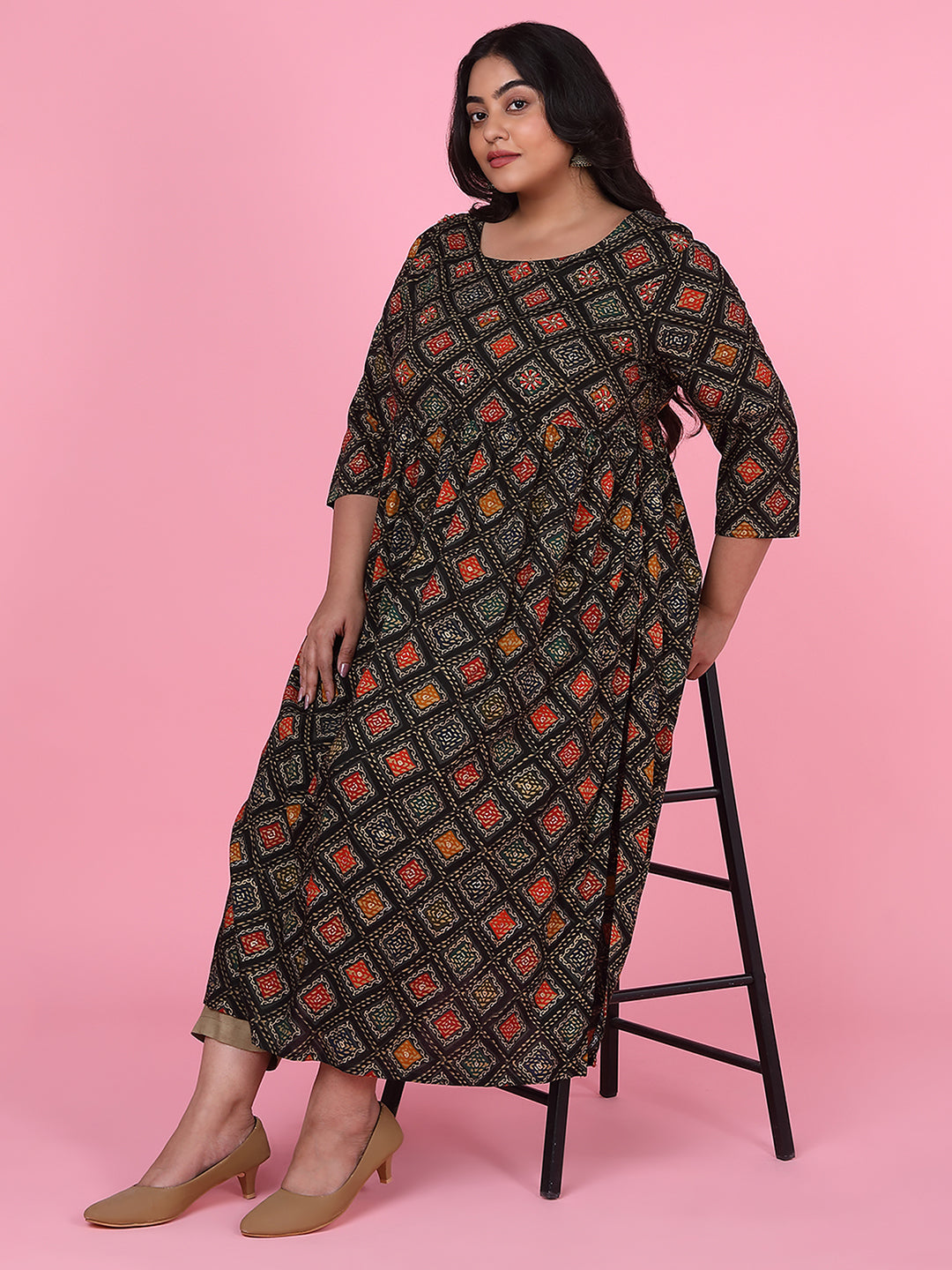 Women Black Checked A Line Kurta