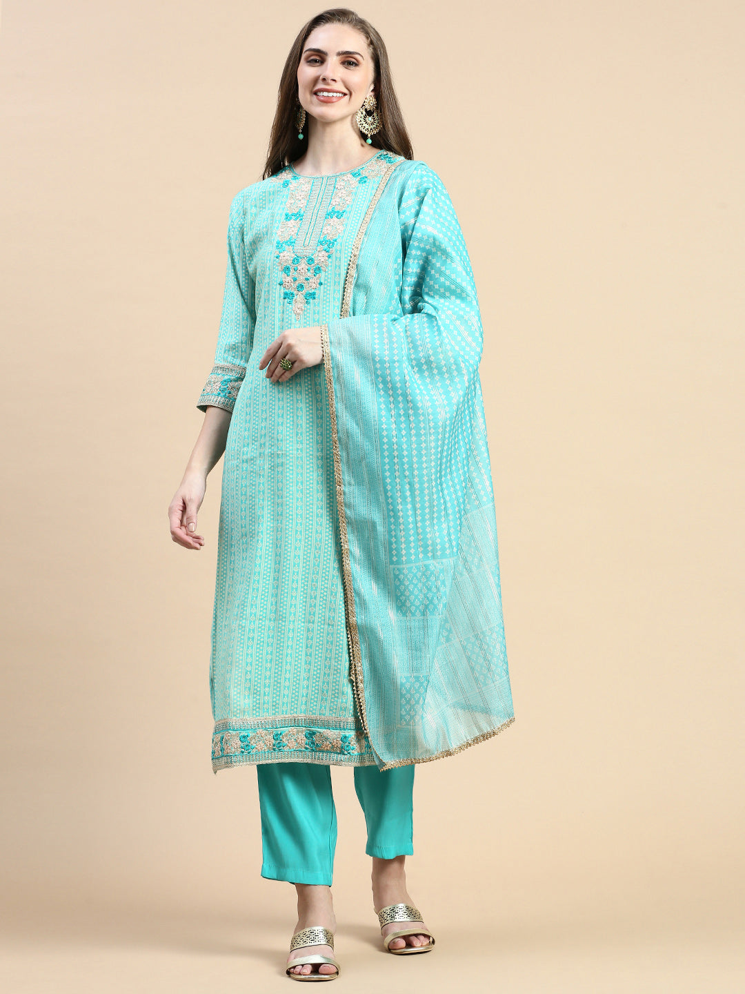 Women Striped Sea Green Straight Kurta Set with Dupatta and Potli Bag