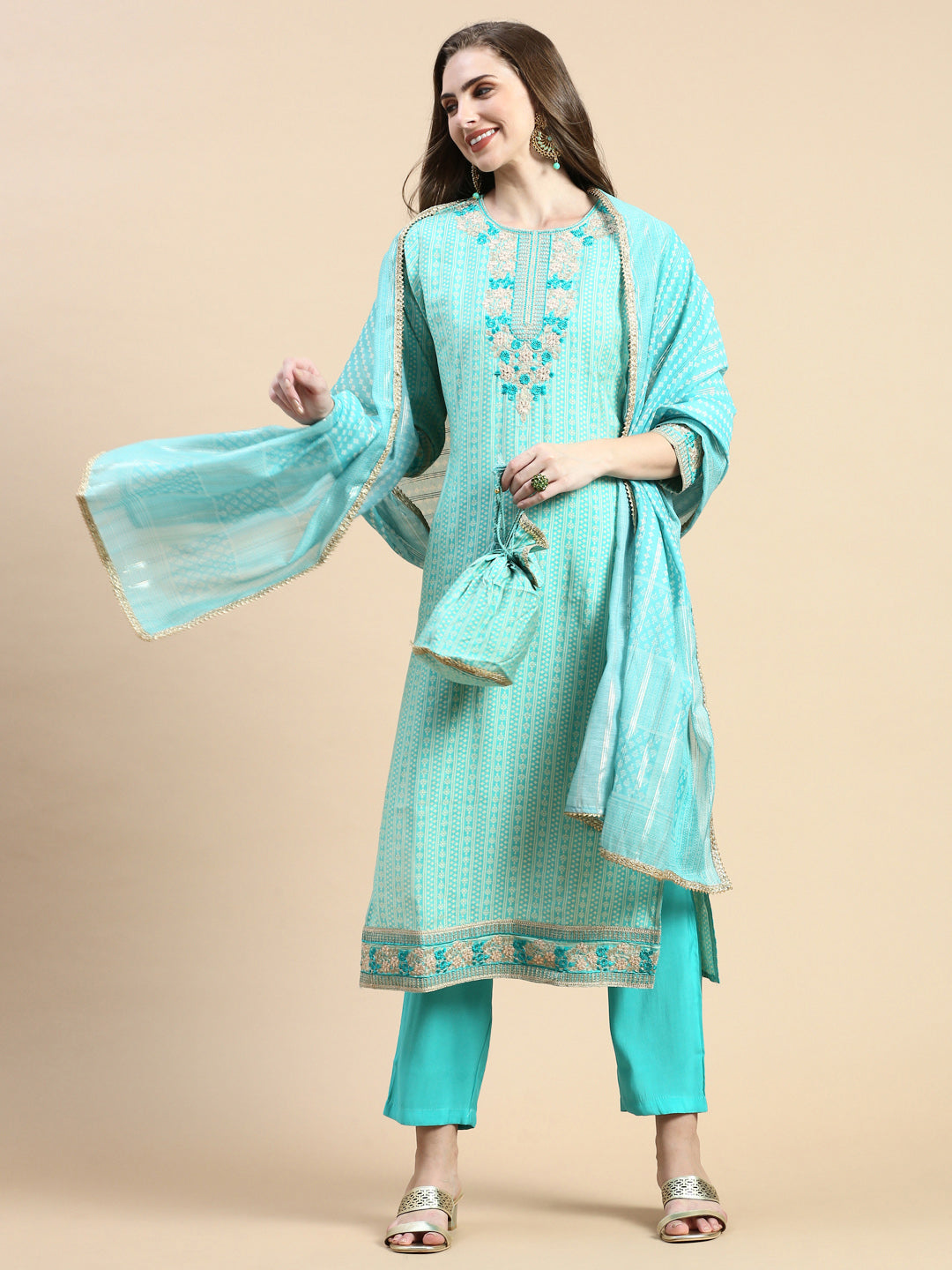 Women Striped Sea Green Straight Kurta Set with Dupatta and Potli Bag