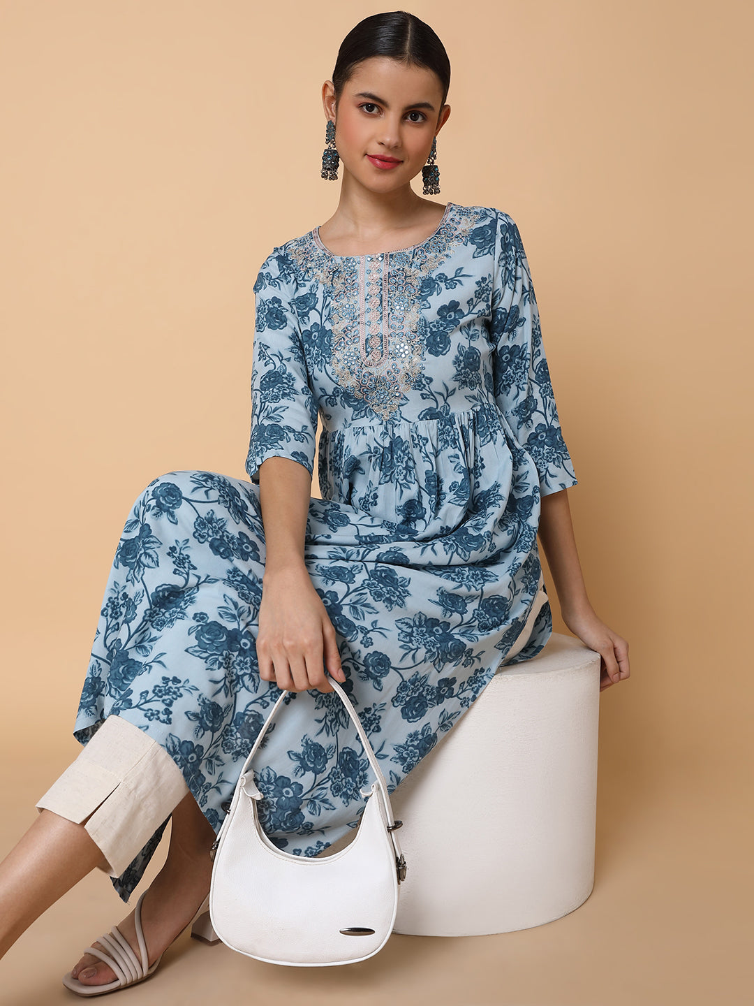 Women Floral Blue Anarkali Kurta