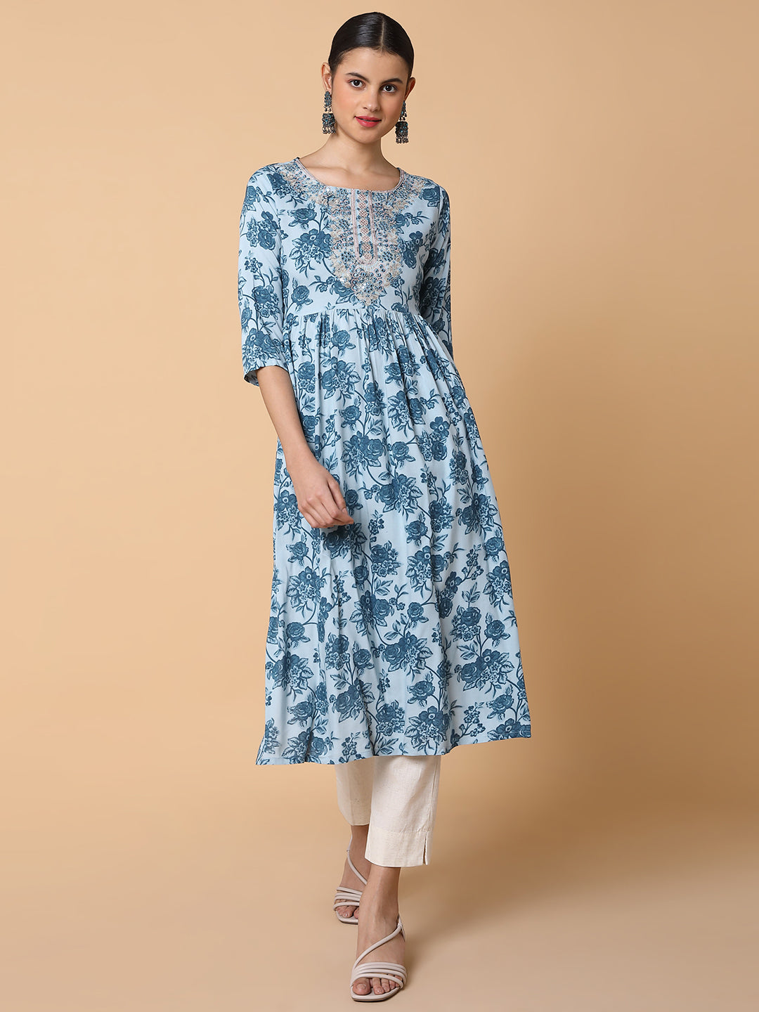 Women Floral Blue Anarkali Kurta