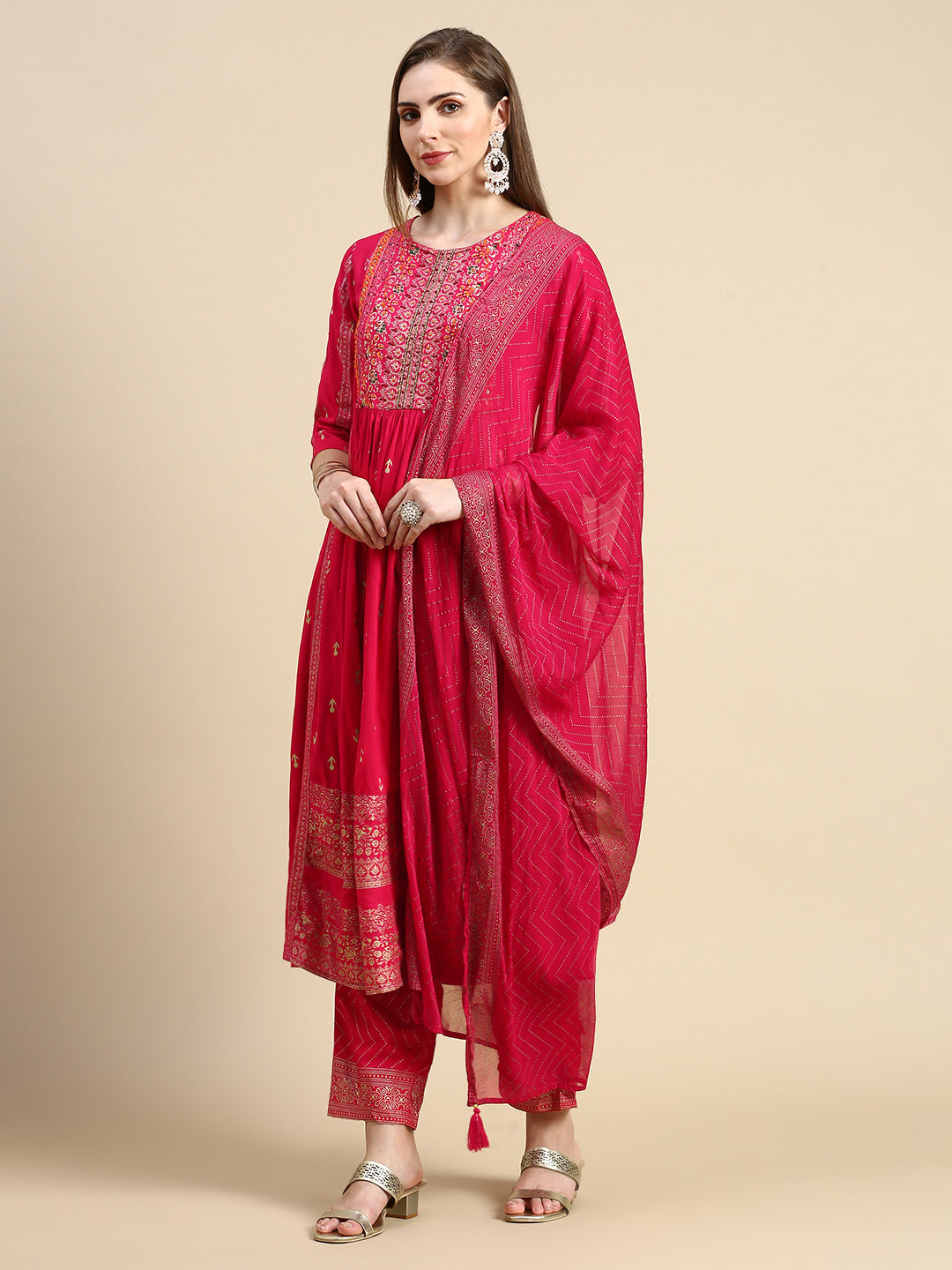 Women Floral Pink A-Line Kurta Set with Dupatta