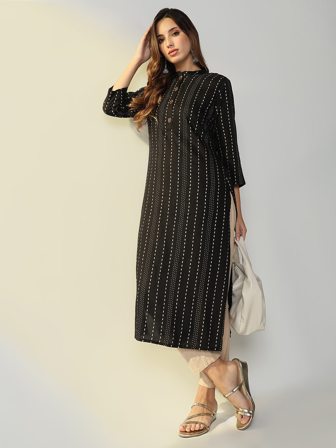 Women Black Striped Straight Kurta