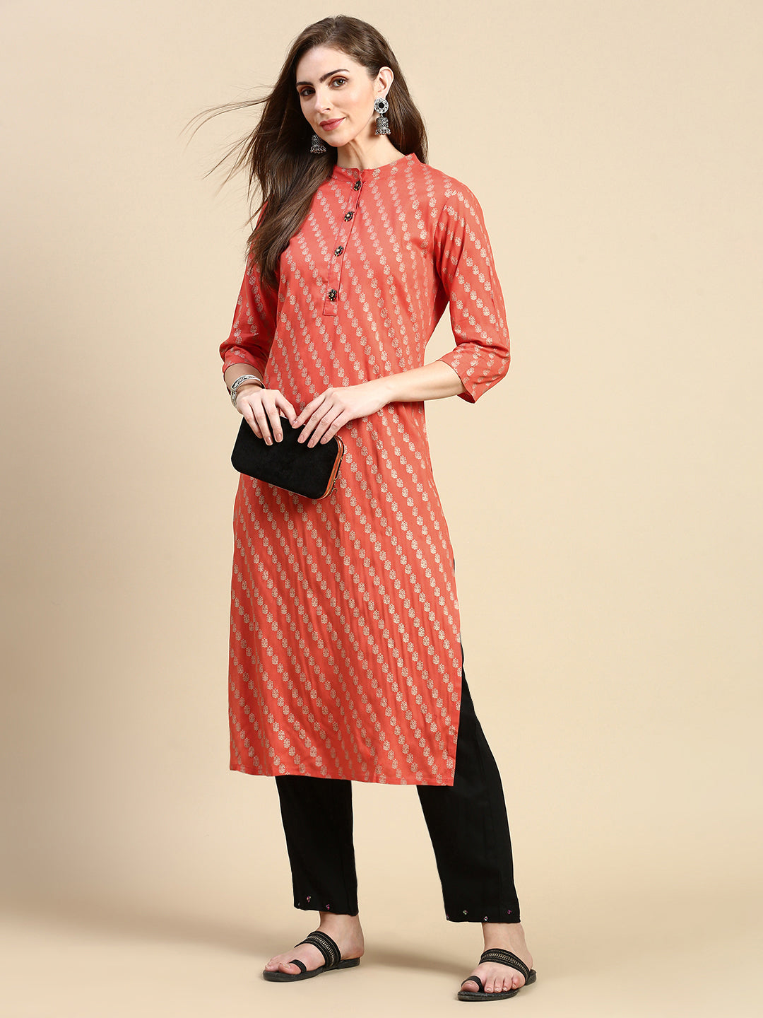 Women Floral Orange Straight Kurta