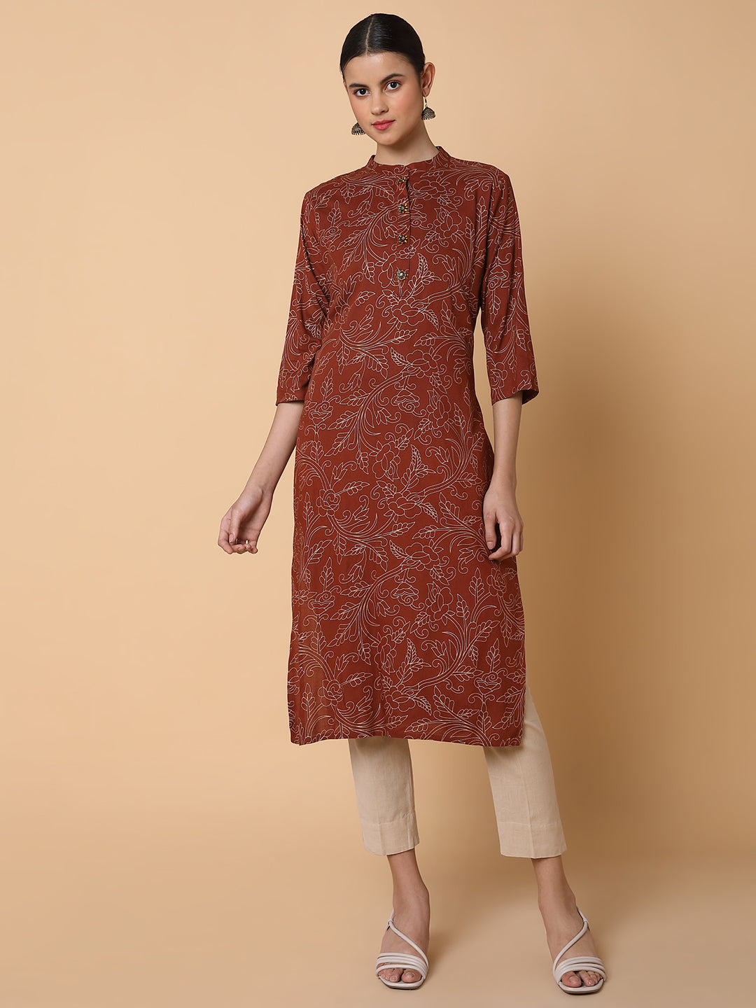 Women Floral Brown Straight Kurta