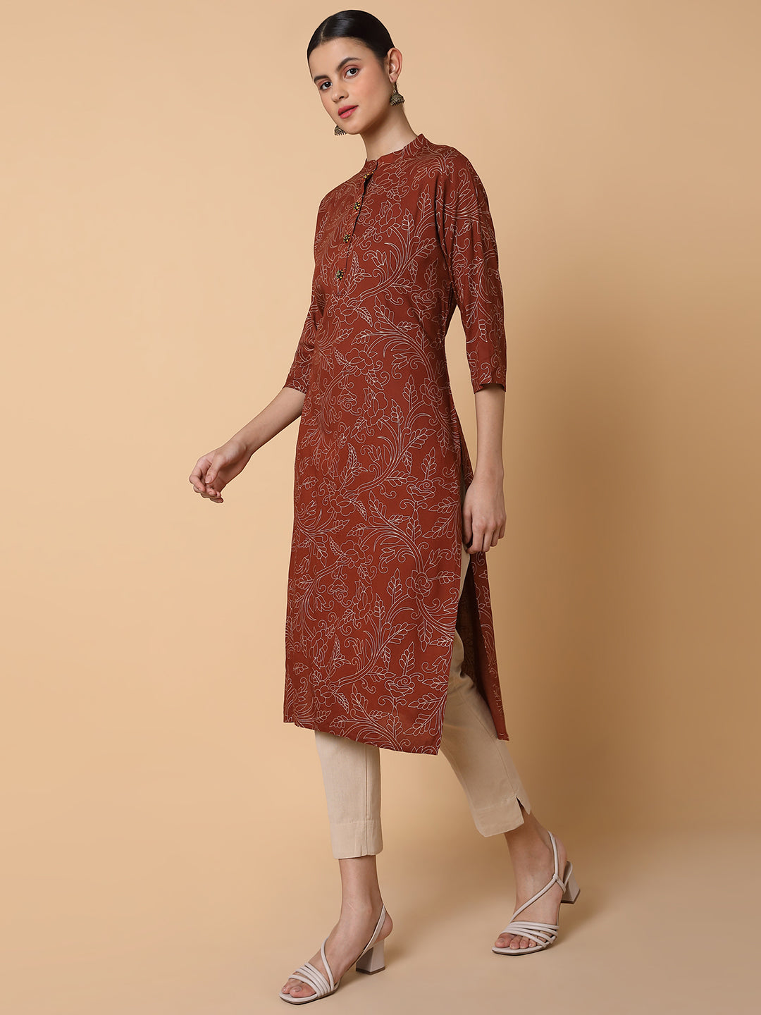 Women Floral Brown Straight Kurta