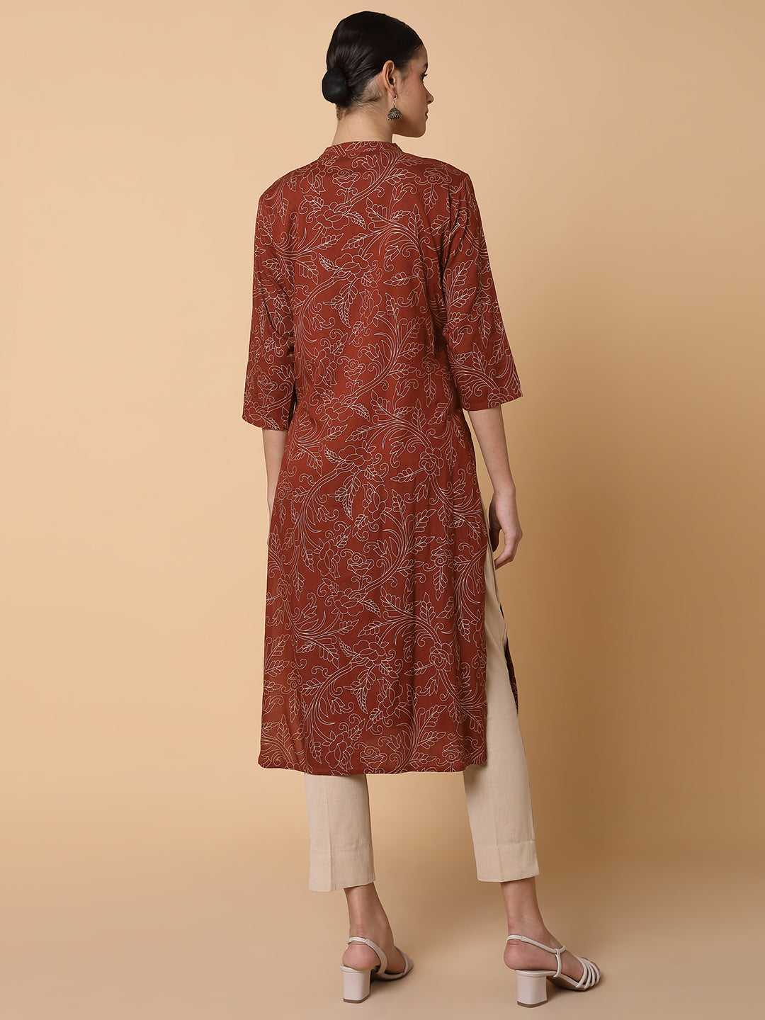 Women Floral Brown Straight Kurta